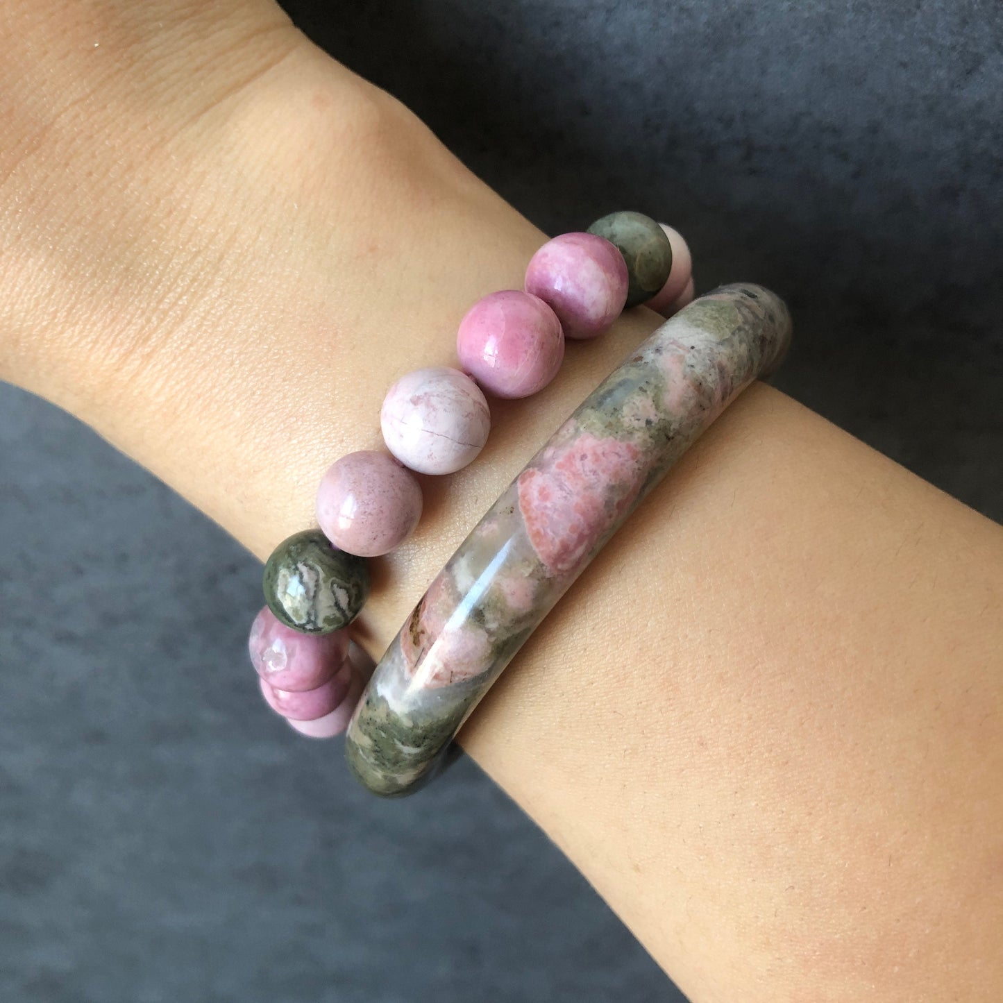 53mm Natural Rhodonite Stone Bangle Bracelet | Peach Forest | Matcha Green & Pink | Crystal Gemstone Bangle | Healing Crystal For Women