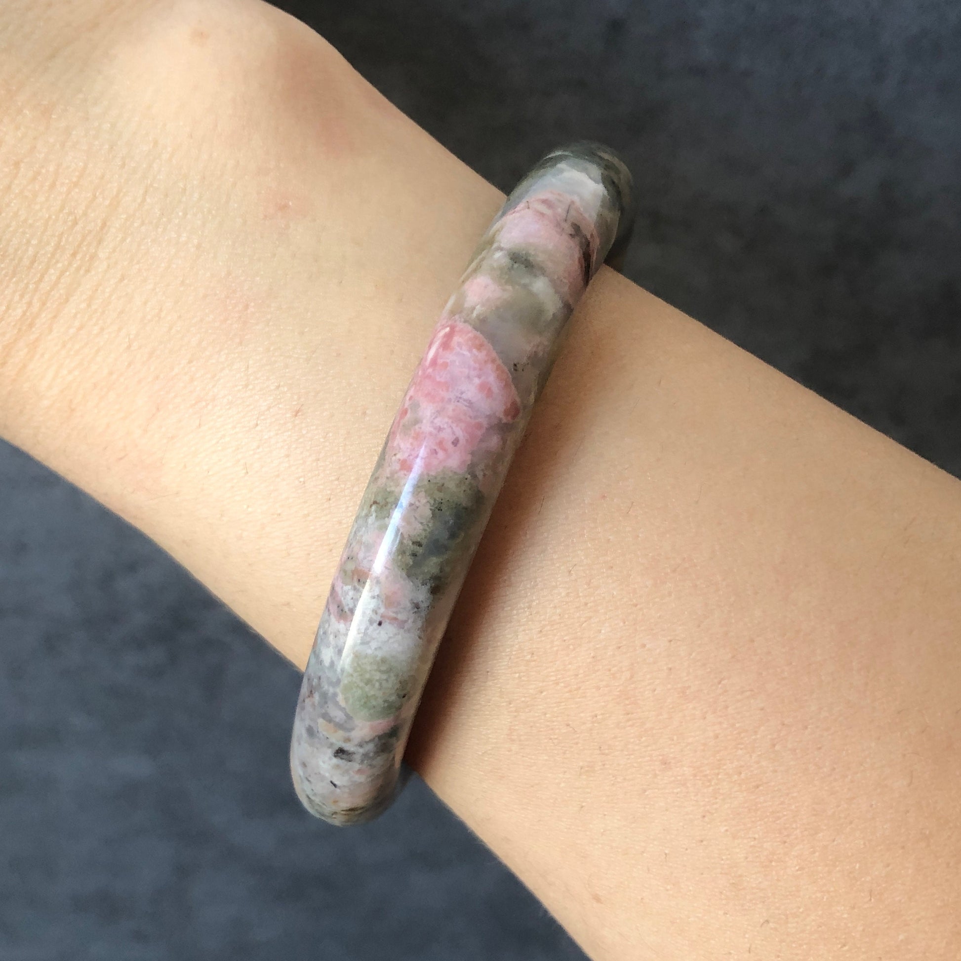 53mm Natural Rhodonite Stone Bangle Bracelet | Peach Forest | Matcha Green & Pink | Crystal Gemstone Bangle | Healing Crystal For Women