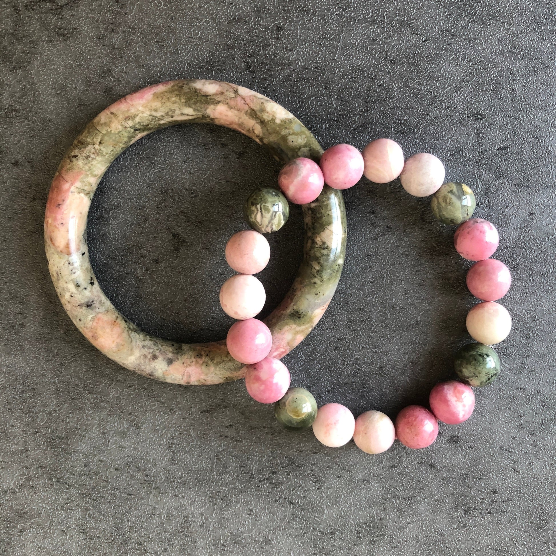 53mm Natural Rhodonite Stone Bangle Bracelet | Peach Forest | Matcha Green & Pink | Crystal Gemstone Bangle | Healing Crystal For Women