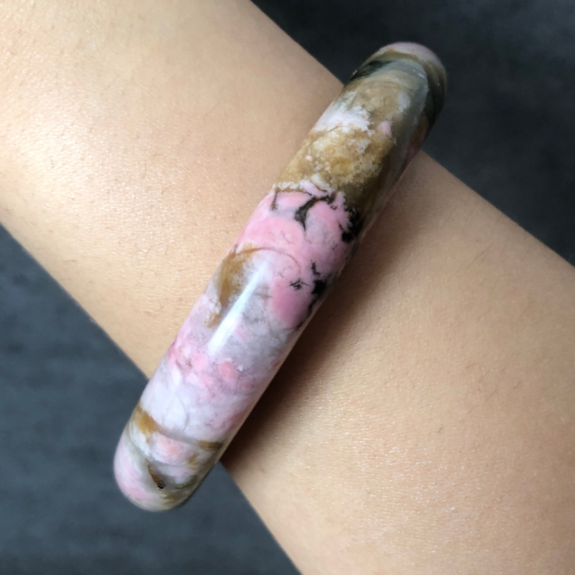 56.3mm Natural Rhodonite Stone Bangle Bracelet, Wild Grass & Petals, Green Pink, Raw Crystal Gemstone Bangle, Healing Stone Gift for her