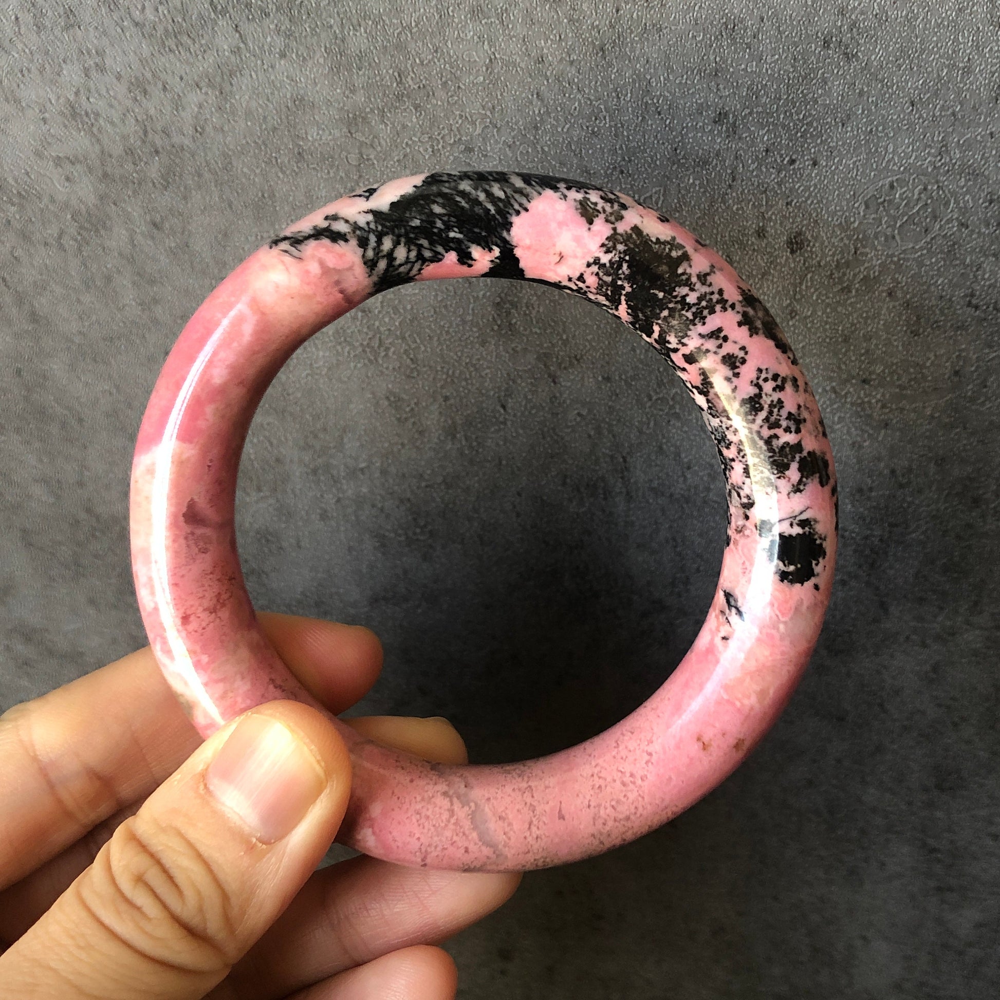 57.7mm Natural Rhodonite Bangle | The Splash! | Pink with Black Ink | Crystal Gemstone Bangle | Pink Raw Stone Bracelet | Healing Stone