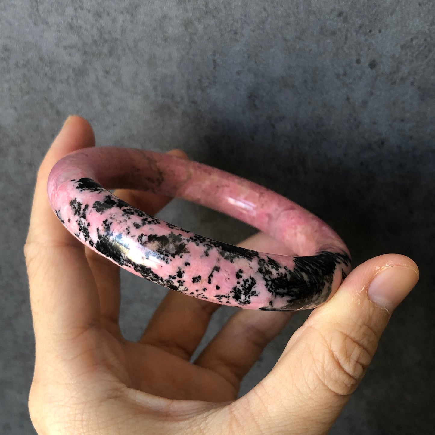 57.7mm Natural Rhodonite Bangle | The Splash! | Pink with Black Ink | Crystal Gemstone Bangle | Pink Raw Stone Bracelet | Healing Stone