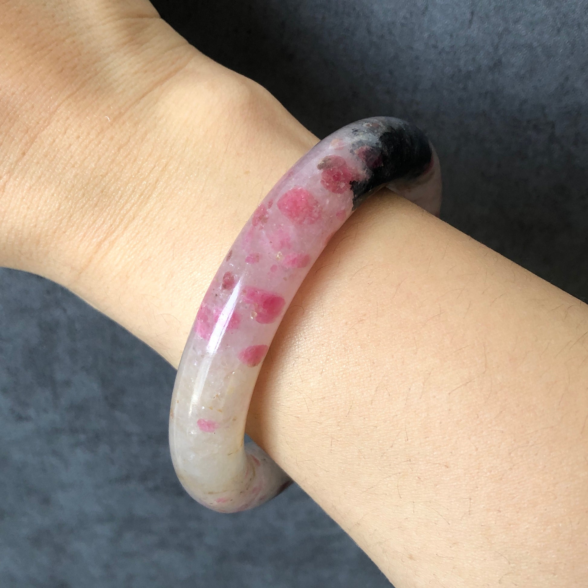 55.8mm Natural Icy Rhodonite Stone Bangle Bracelet | The Sunset | Milky Pink & Yellow Cherry Blossom Sakura Rain | Chinese Danqing Painting