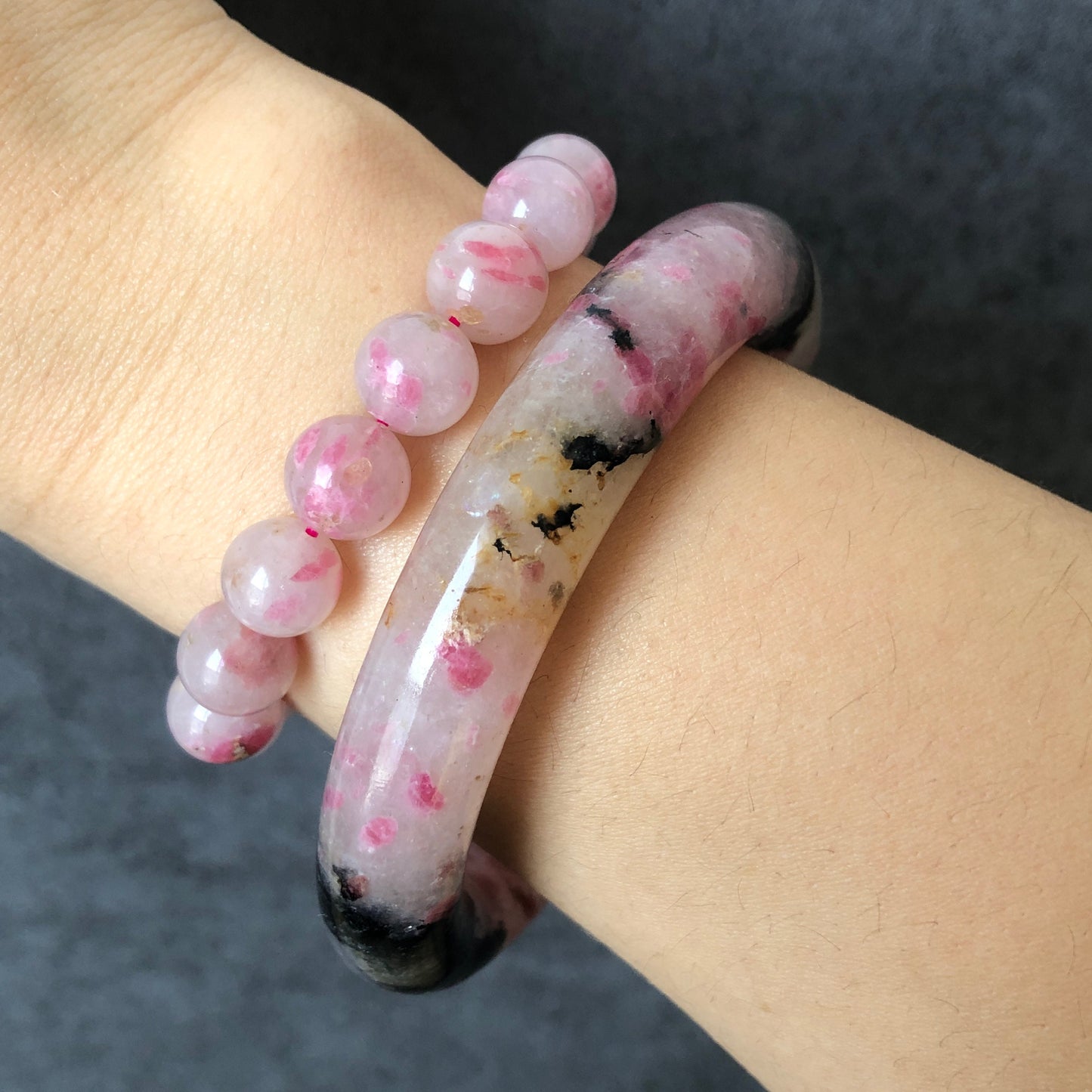 55.8mm Natural Icy Rhodonite Stone Bangle Bracelet | The Sunset | Milky Pink & Yellow Cherry Blossom Sakura Rain | Chinese Danqing Painting