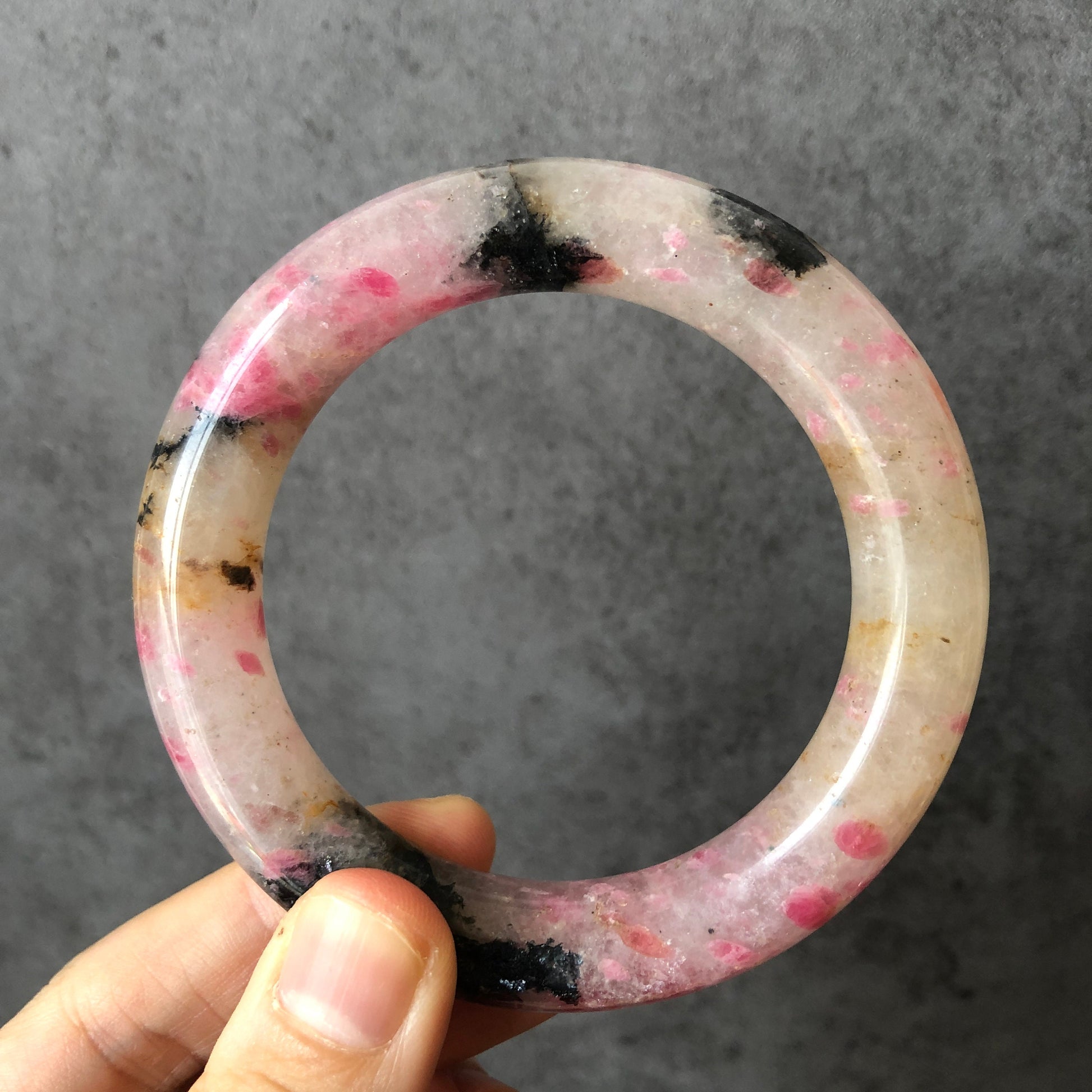 55.8mm Natural Icy Rhodonite Stone Bangle Bracelet | The Sunset | Milky Pink & Yellow Cherry Blossom Sakura Rain | Chinese Danqing Painting