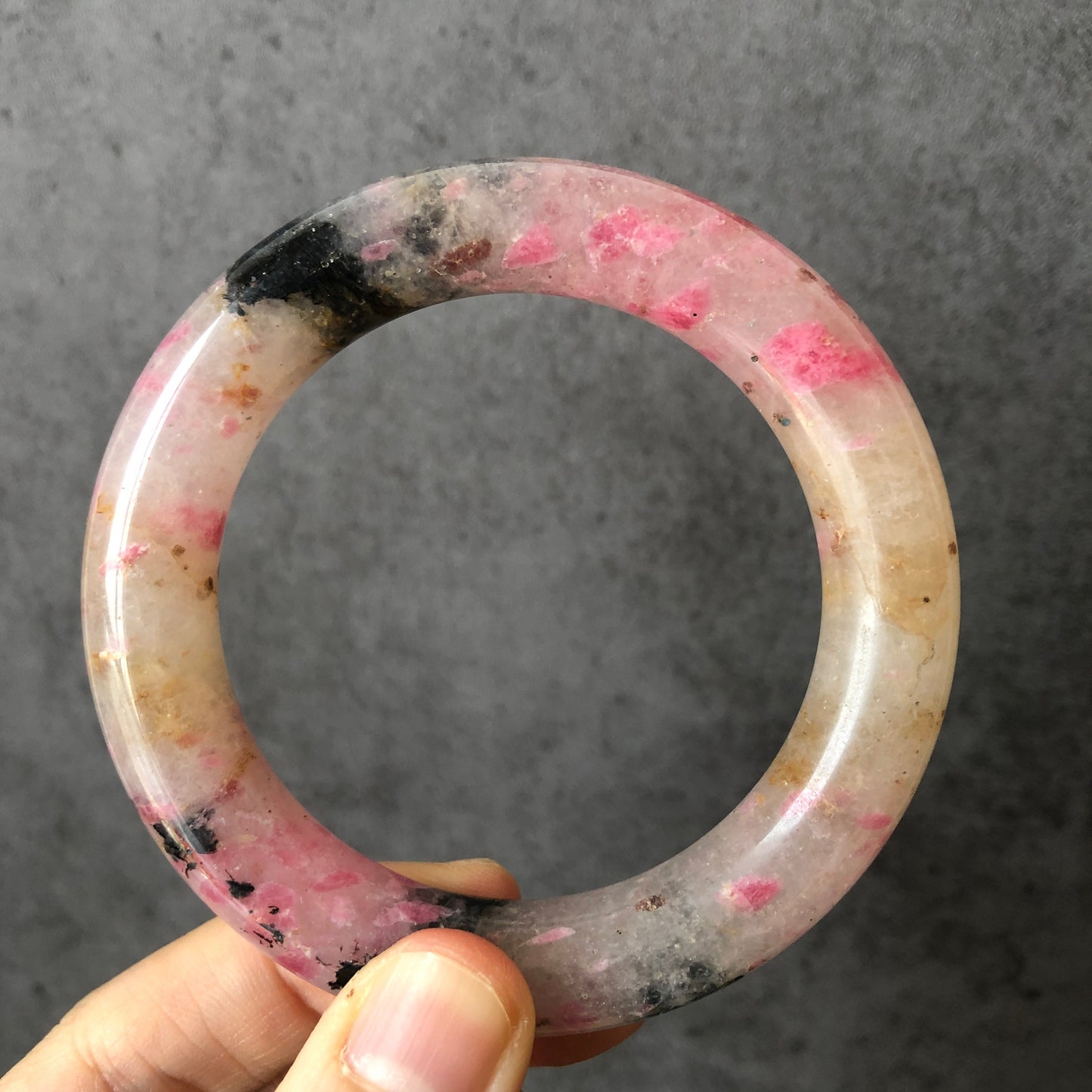 55.8mm Natural Icy Rhodonite Stone Bangle Bracelet | The Sunset | Milky Pink & Yellow Cherry Blossom Sakura Rain | Chinese Danqing Painting