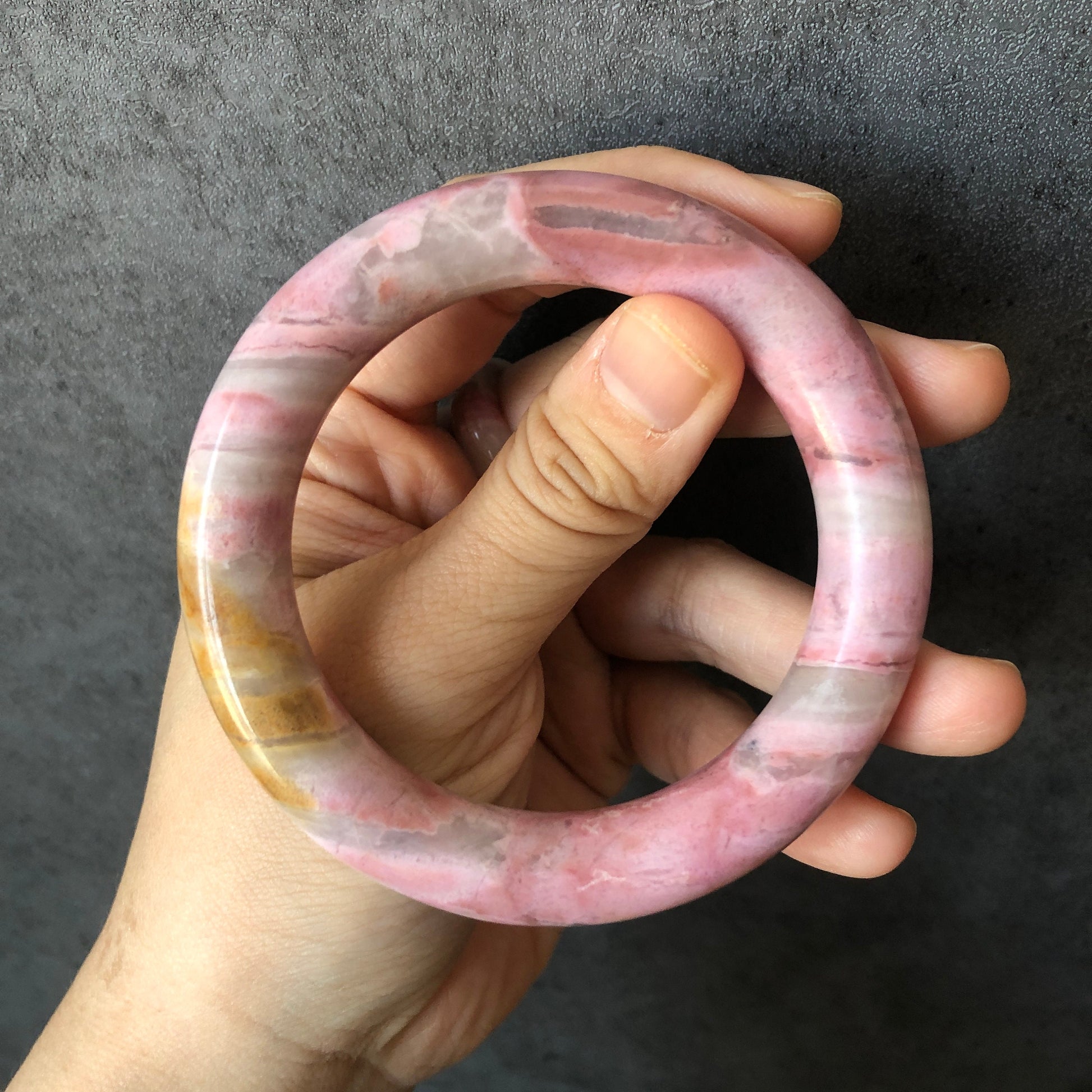 56.6mm Natural Rhodonite Stone Bangle Bracelet | Glim of light at dawn | Baby Pink Gold | White Pink Crystal Gemstone Bangle Healing Stone, raw stone bangle, pink stone bracelet, pink gemstone gift for her, vintage bangle, antique bangle, rhodonite