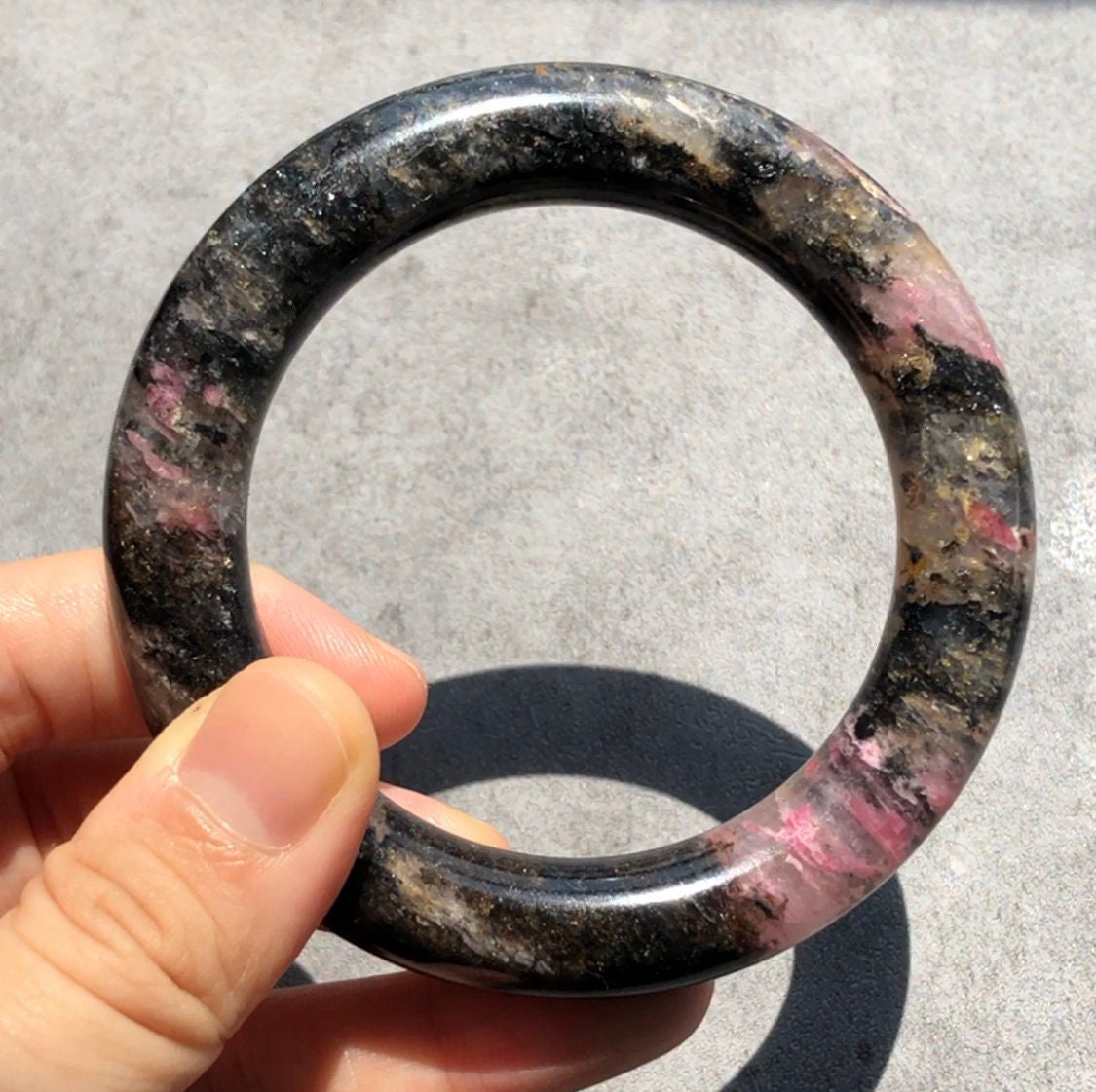 56.6mm Rhodonite Bangle | Night Sakura Rain | Sparky Black & Gold Stone Bangle Crystal Bracelet | Healing Gemstone Jewelry Gift for her