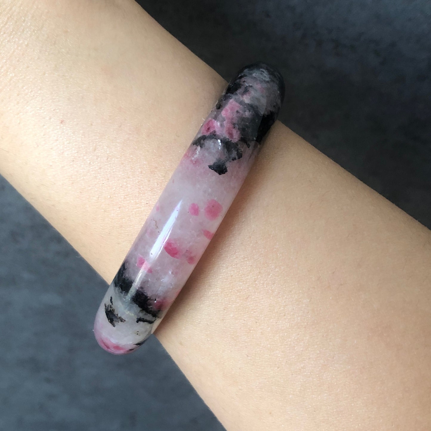 56.6mm Natural Rhodonite Stone Bangle | Milky Pink Plum Cherry Blossom Sakura Rain | Chinese Painting Danqing | Healing Crystal Bracelet