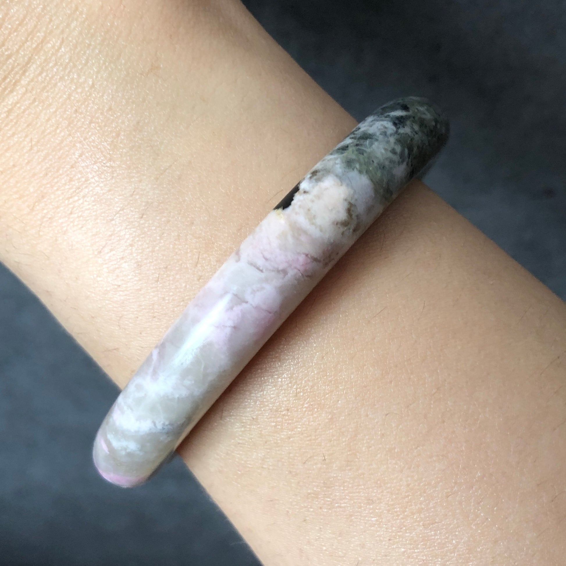 51.2mm Natural Rhodonite Stone Bangle | Fairy in forest | Pink & Green | Crystal Bangle Gemstone Bracelet | Healing Stone Gift for her, small size bangle, kid bangle, green raw stone bangle, white stone bangle for women, vintage style antique bangle