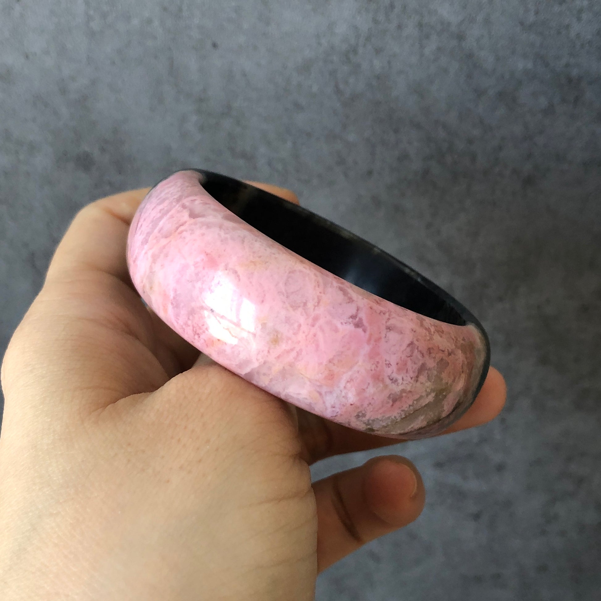 52.7mm Natural Rhodonite Stone Bangle Bracelet | Pink Crystal Bracelet | Raw Stone Bangle | Untreated Gemstone Rock Bangle | Black Stone, punk bangle, black crystal bangle, half face bangle, gemstone bracelet for women, gift for her