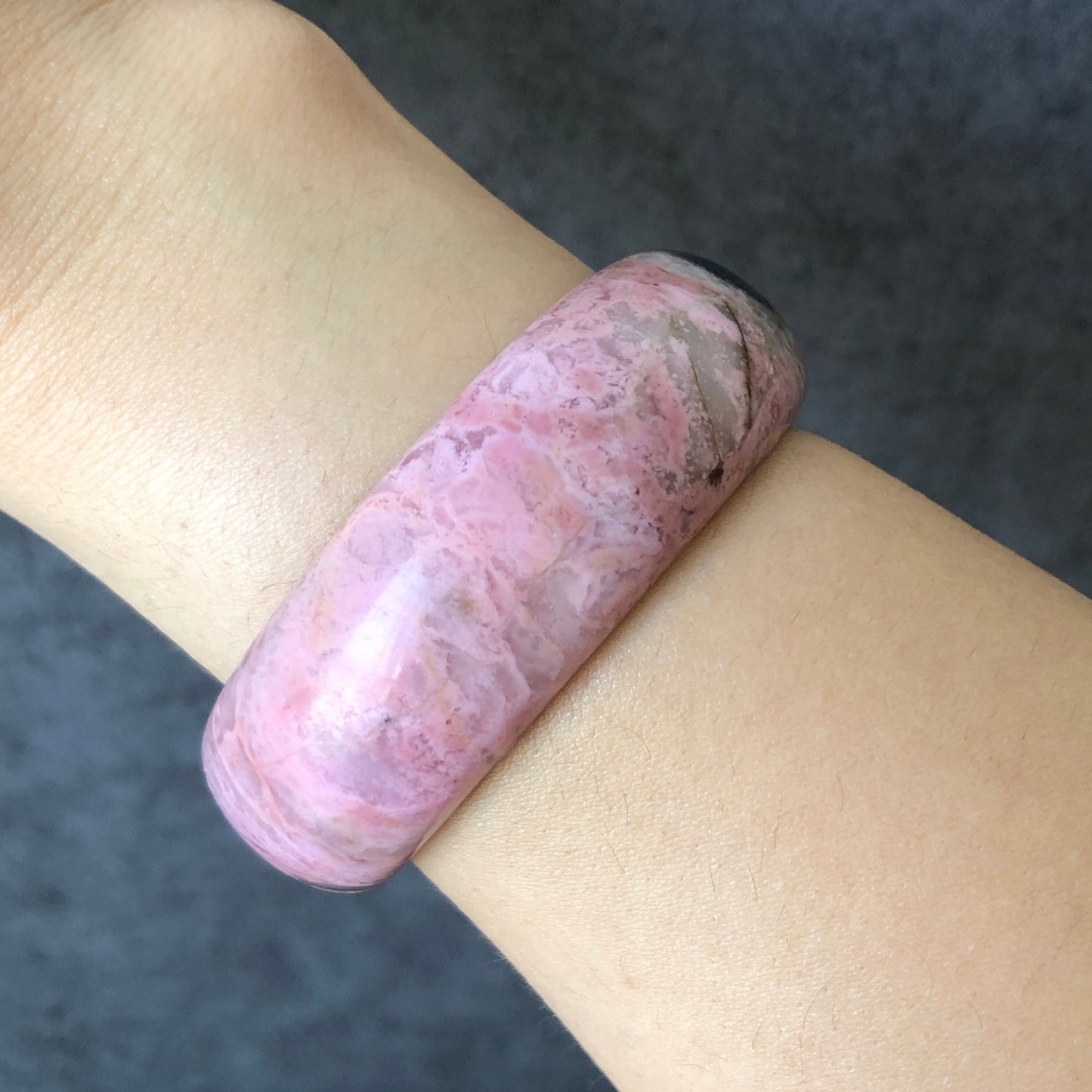 52.7mm Natural Rhodonite Stone Bangle Bracelet | Pink Crystal Bracelet | Raw Stone Bangle | Untreated Gemstone Rock Bangle | Black Stone, punk bangle, black crystal bangle, half face bangle, gemstone bracelet for women, gift for her