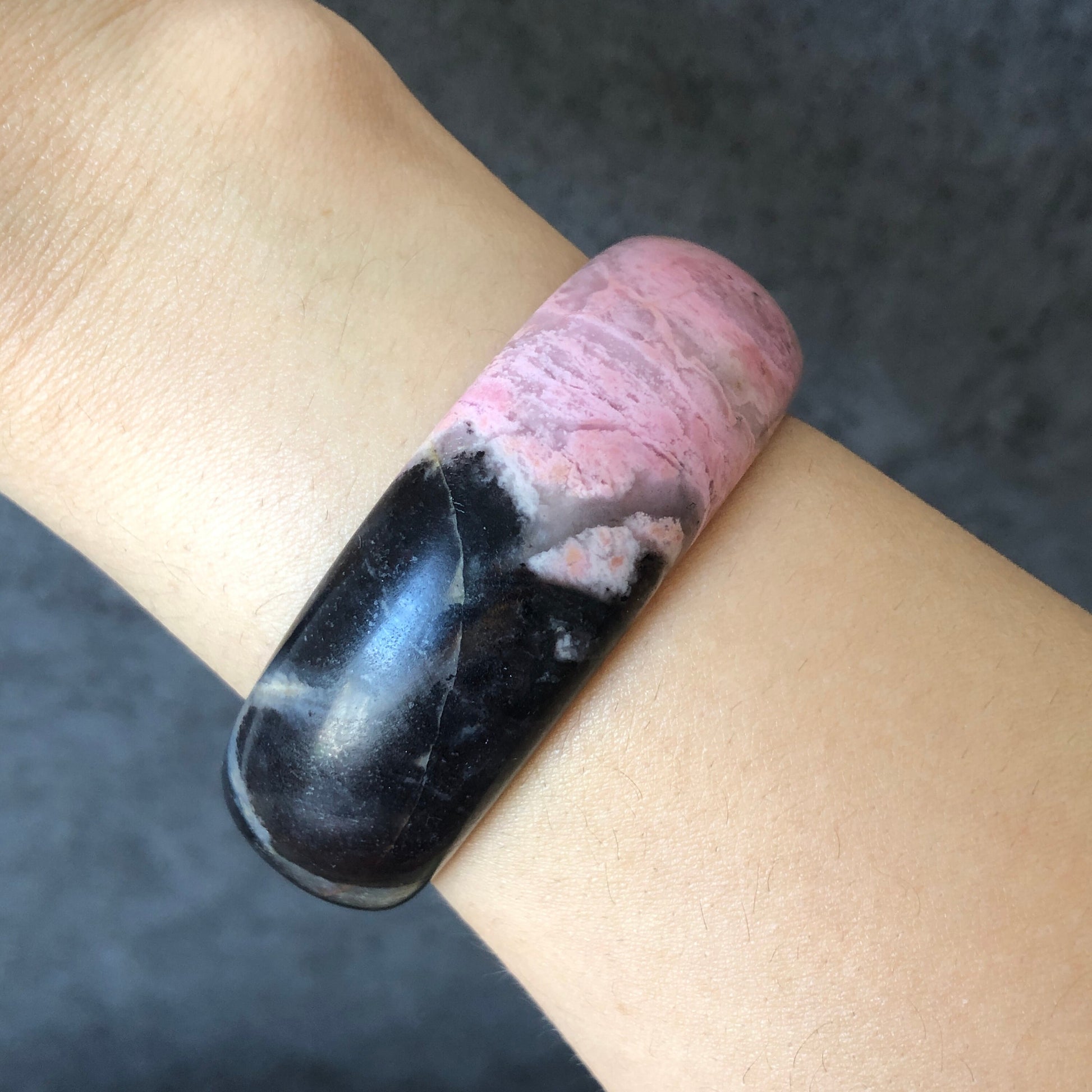 52.7mm Natural Rhodonite Stone Bangle Bracelet | Pink Crystal Bracelet | Raw Stone Bangle | Untreated Gemstone Rock Bangle | Black Stone, punk bangle, black crystal bangle, half face bangle, gemstone bracelet for women, gift for her