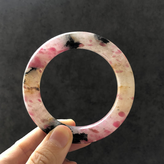 55.8mm Natural Icy Rhodonite Stone Bangle Bracelet | The Sunset | Milky Pink & Yellow Cherry Blossom Sakura Rain | Chinese Danqing Painting