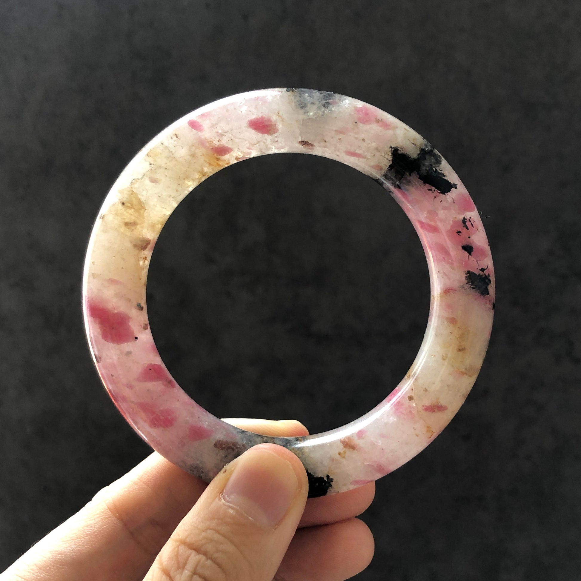 55.8mm Natural Icy Rhodonite Stone Bangle Bracelet | The Sunset | Milky Pink & Yellow Cherry Blossom Sakura Rain | Chinese Danqing Painting