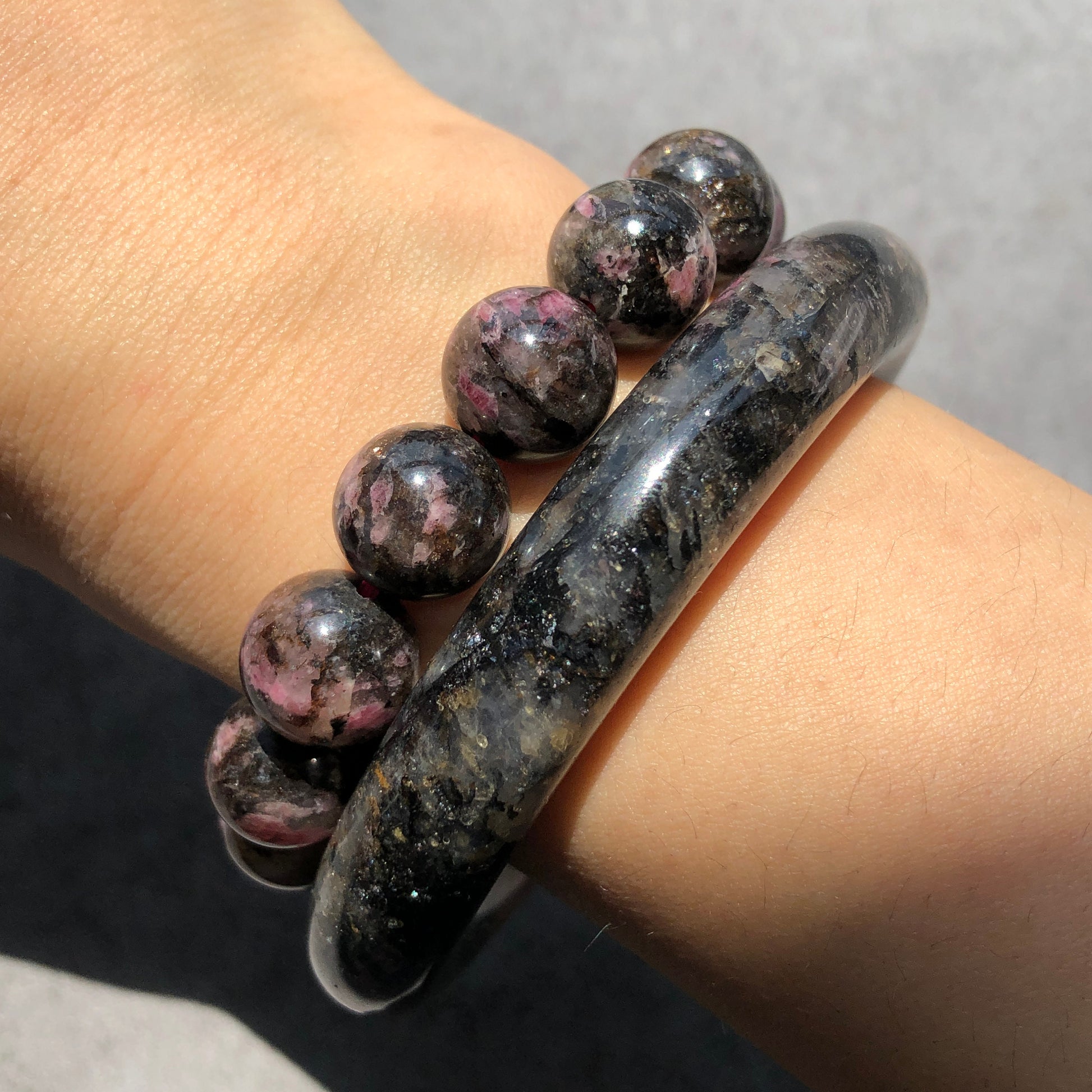 56.6mm Rhodonite Bangle | Night Sakura Rain | Sparky Black & Gold Stone Bangle Crystal Bracelet | Healing Gemstone Jewelry Gift for her