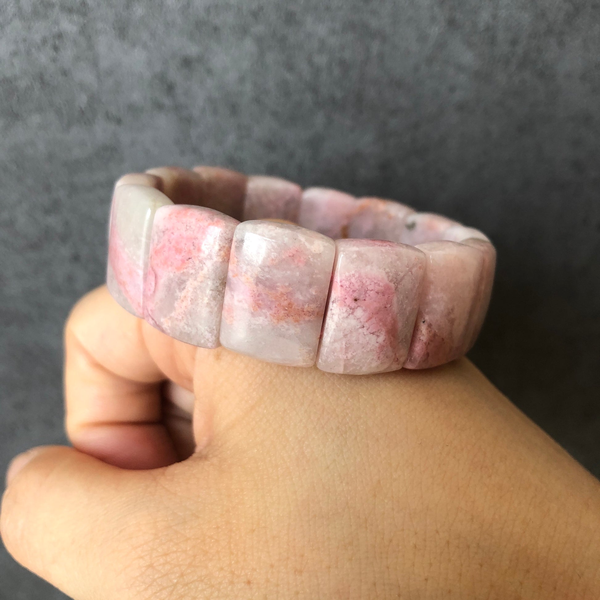 Natural Rhodonite Stone Bracelet | Elastic Stretch Bracelet | White Lace Pink Cloud | Pink Raw Crystal Bangle | Healing Stone Gift for her