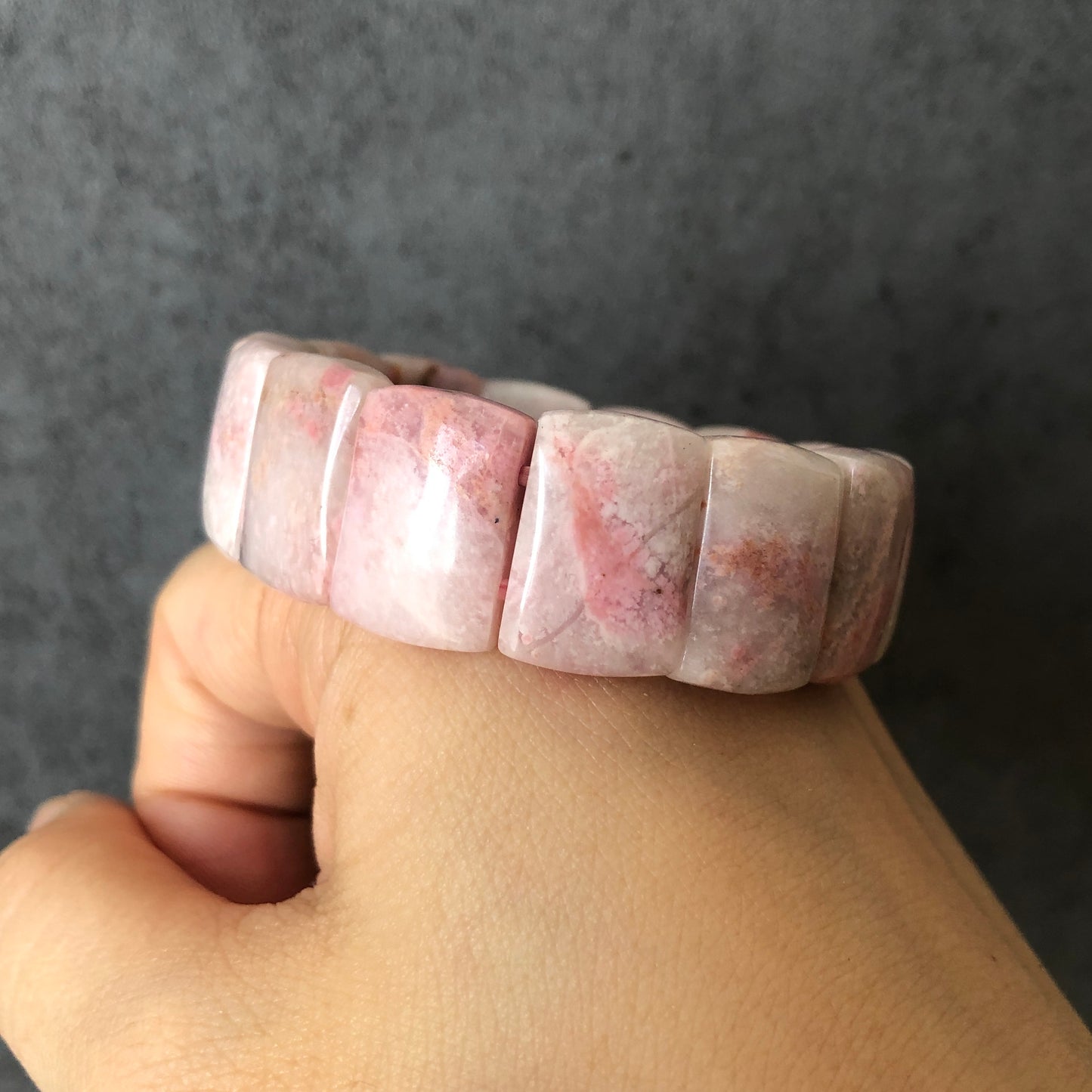 Natural Rhodonite Stone Bracelet | Elastic Stretch Bracelet | White Lace Pink Cloud | Pink Raw Crystal Bangle | Healing Stone Gift for her