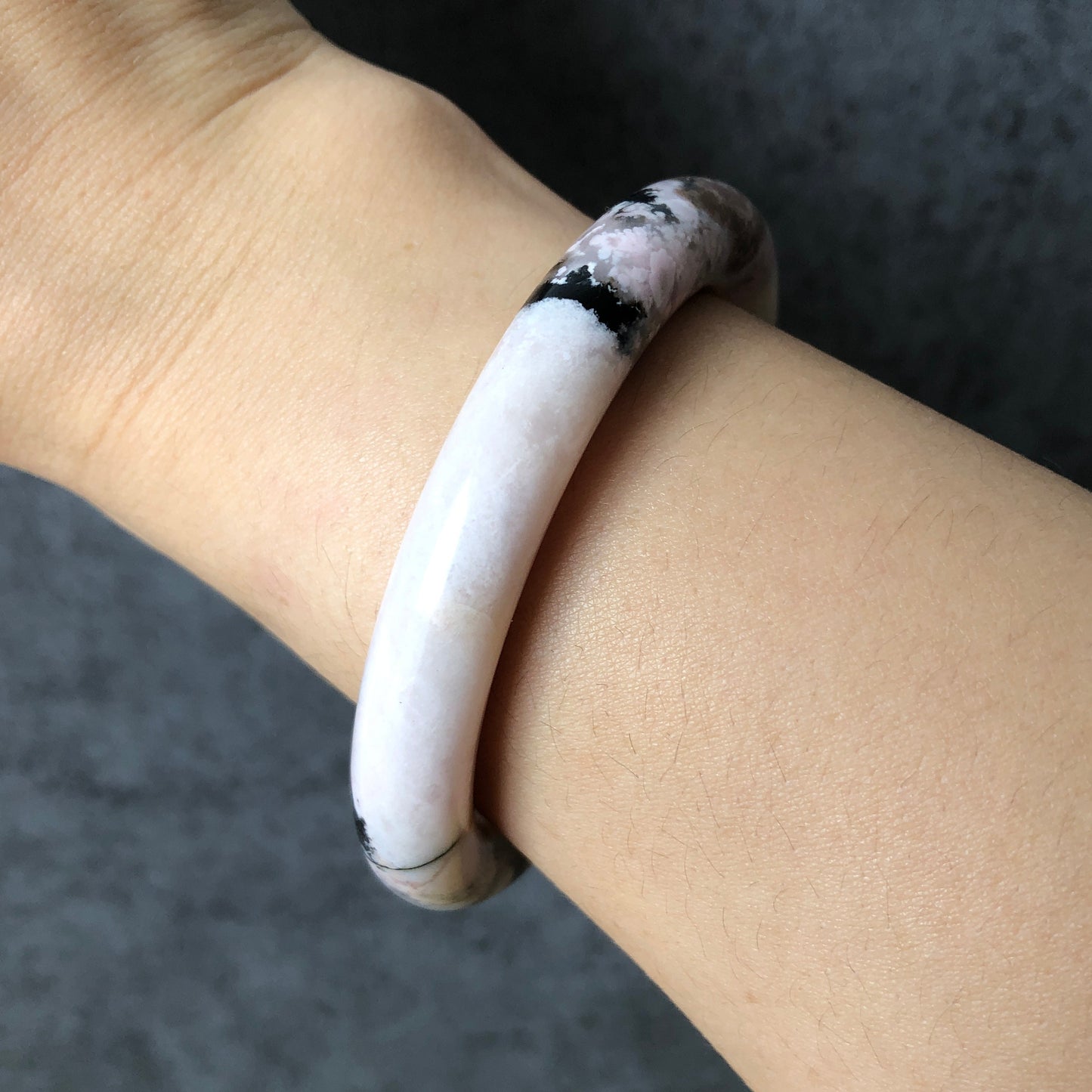 53.7mm Rhodonite Stone Bangle Crystal Bracelet | Milky White & Black Ink | Pink White Chinese brush painting | Healing Stone Gift for her