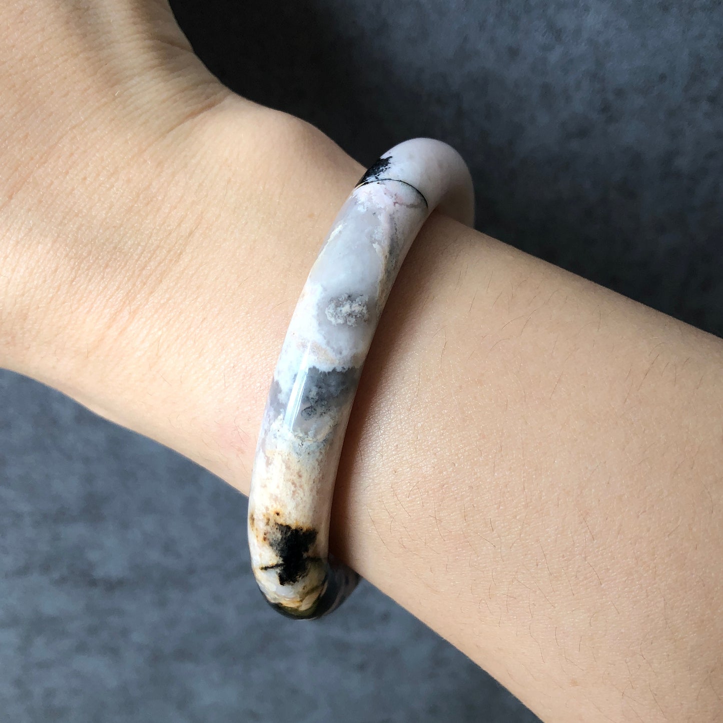 53.7mm Rhodonite Stone Bangle Crystal Bracelet | Milky White & Black Ink | Pink White Chinese brush painting | Healing Stone Gift for her