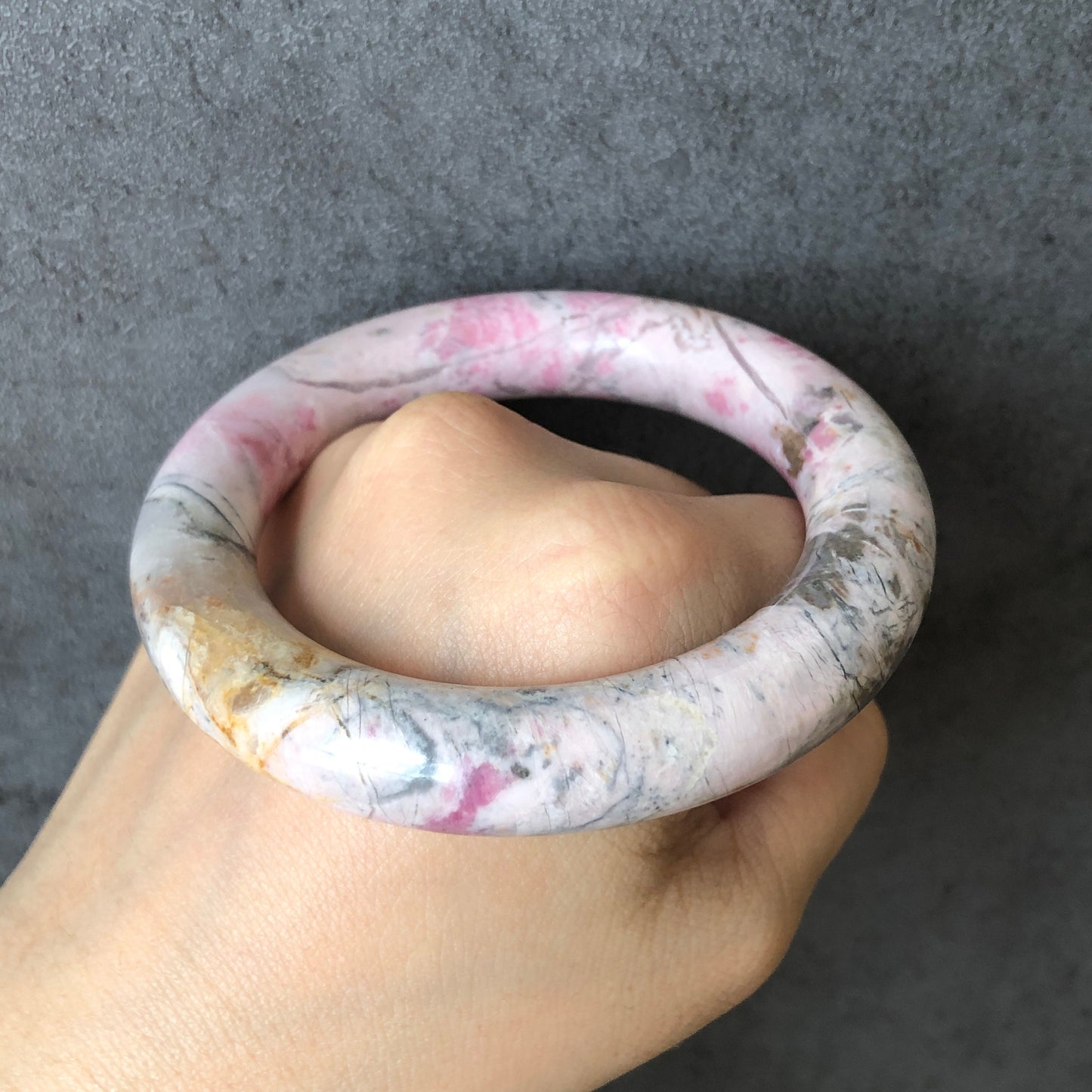 56.7mm Natural Rhodonite Stone Bangle Bracelet | Strawberry Cream | Milky Pink Raw Crystal Gemstone Bangle Women | Healing Stone for Her