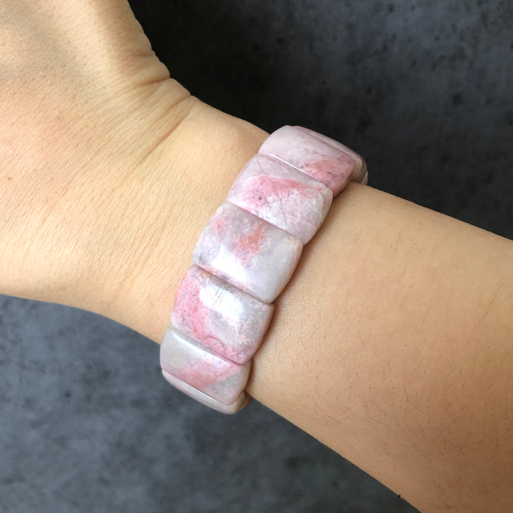 Natural Rhodonite Stone Bracelet | Elastic Stretch Bracelet | White Lace Pink Cloud | Pink Raw Crystal Bangle | Healing Stone Gift for her