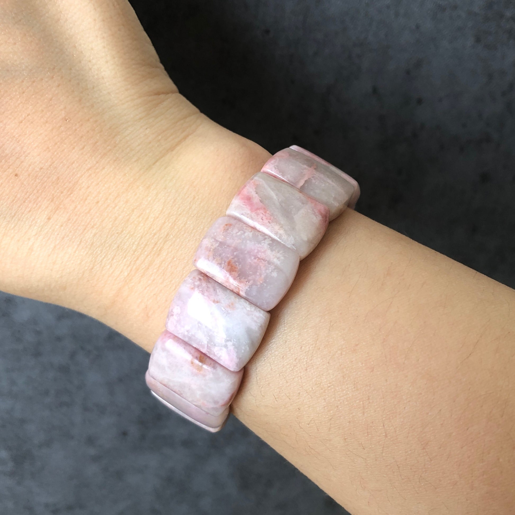 Natural Rhodonite Stone Bracelet | Elastic Stretch Bracelet | White Lace Pink Cloud | Pink Raw Crystal Bangle | Healing Stone Gift for her