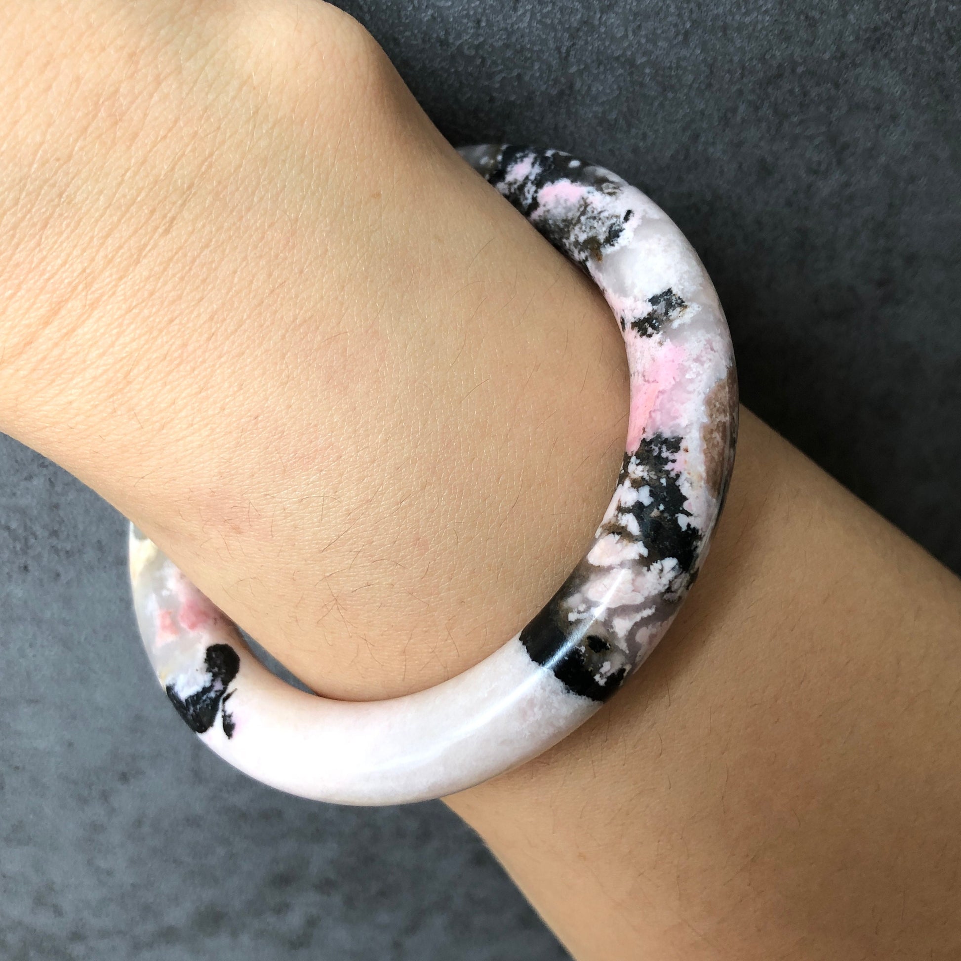 53.7mm Rhodonite Stone Bangle Crystal Bracelet | Milky White & Black Ink | Pink White Chinese brush painting | Healing Stone Gift for her