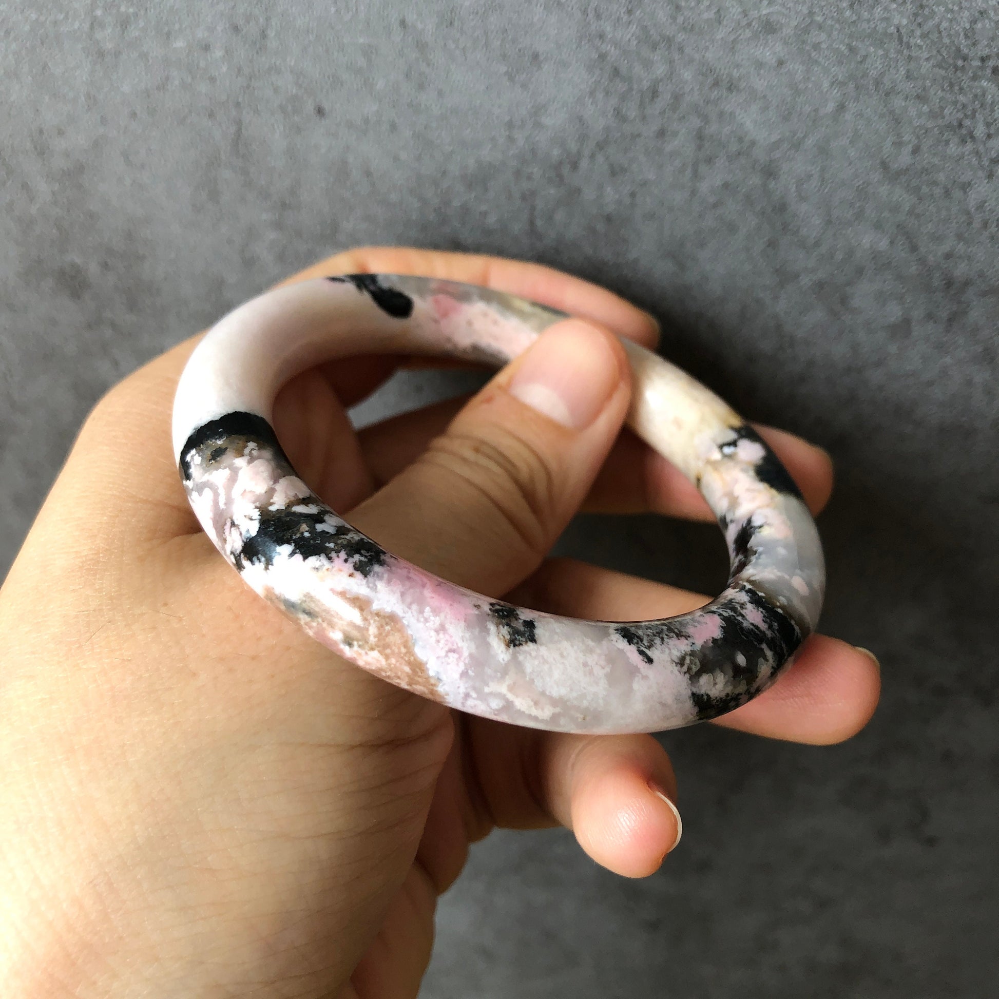 53.7mm Rhodonite Stone Bangle Crystal Bracelet | Milky White & Black Ink | Pink White Chinese brush painting | Healing Stone Gift for her