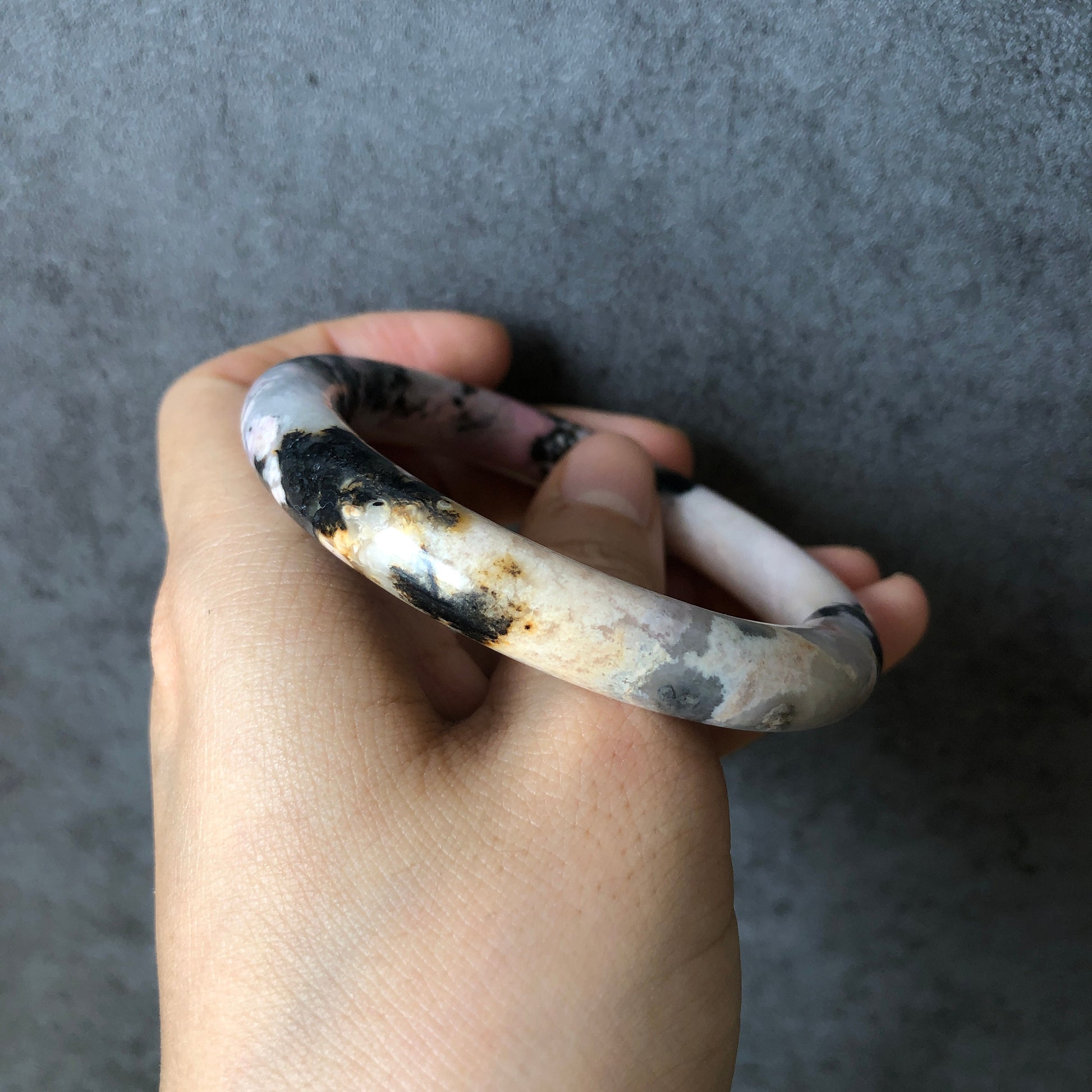 53.7mm Rhodonite Stone Bangle Crystal Bracelet | Milky White & Black Ink | Pink White Chinese brush painting | Healing Stone Gift for her