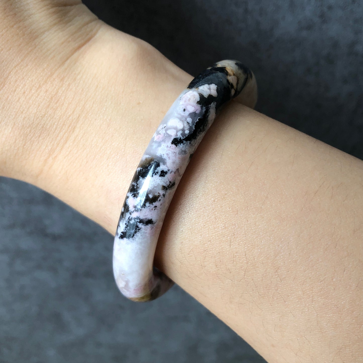 53.7mm Rhodonite Stone Bangle Crystal Bracelet | Milky White & Black Ink | Pink White Chinese brush painting | Healing Stone Gift for her