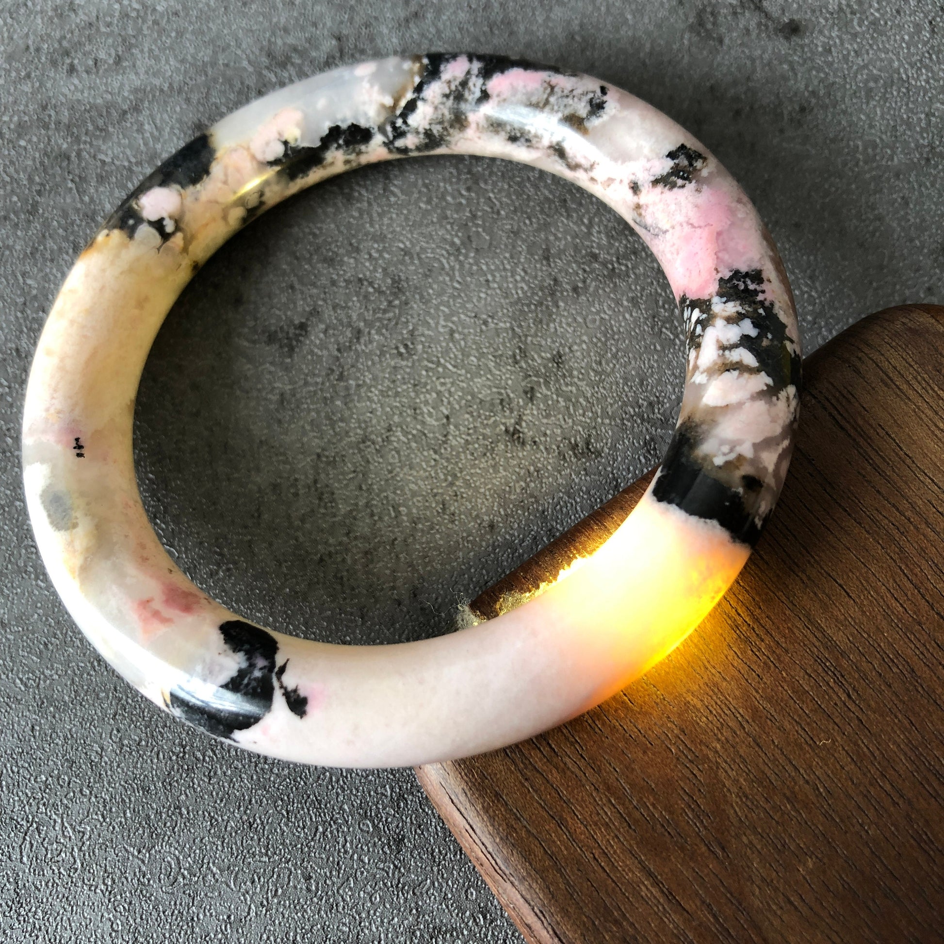 53.7mm Rhodonite Stone Bangle Crystal Bracelet | Milky White & Black Ink | Pink White Chinese brush painting | Healing Stone Gift for her