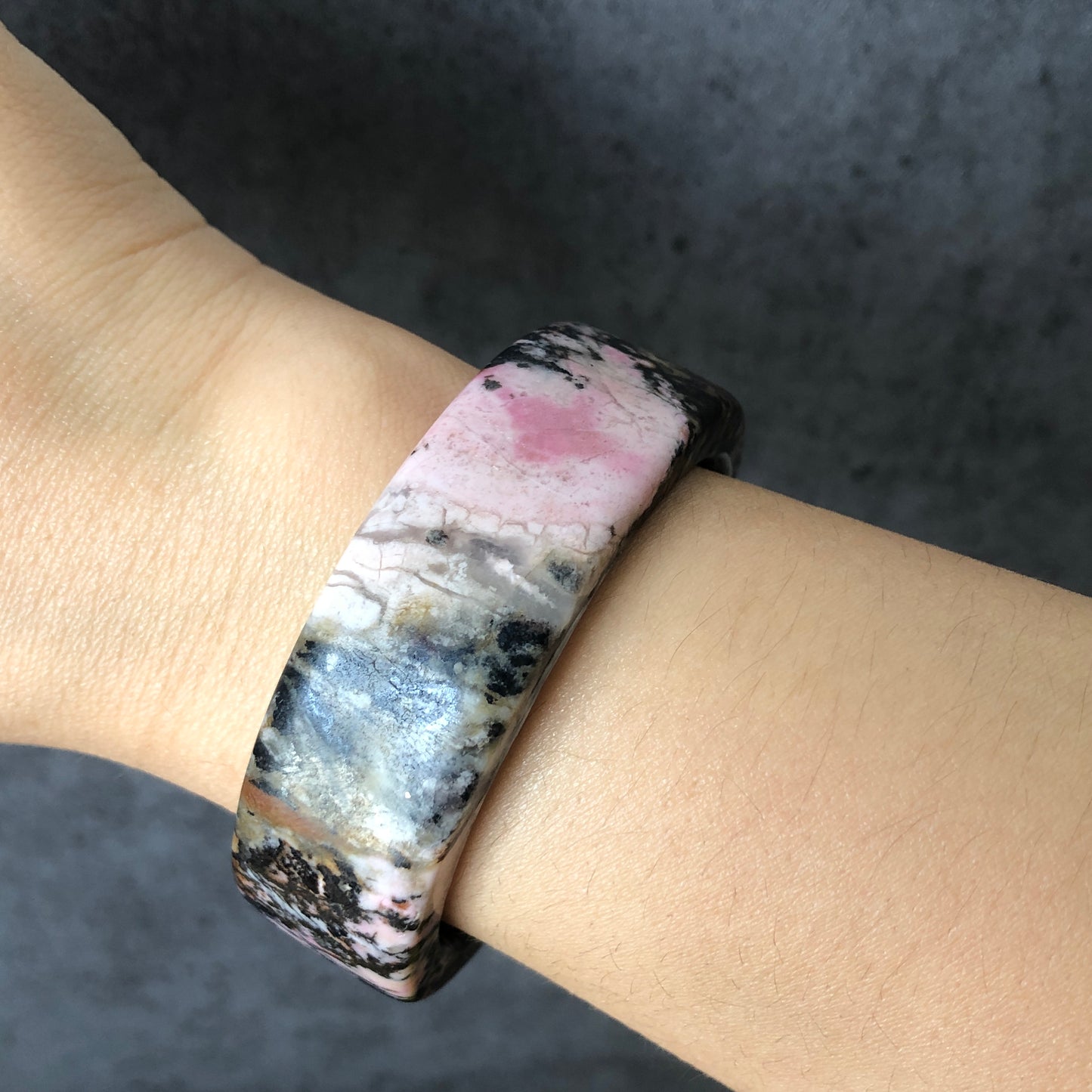 53.4mm High quality Natural Rhodonite Stone Bangle Bracelet Set & Raw Stone Paper Weight | Pink, Green, Black Ink | Crystal Gemstone Bangle