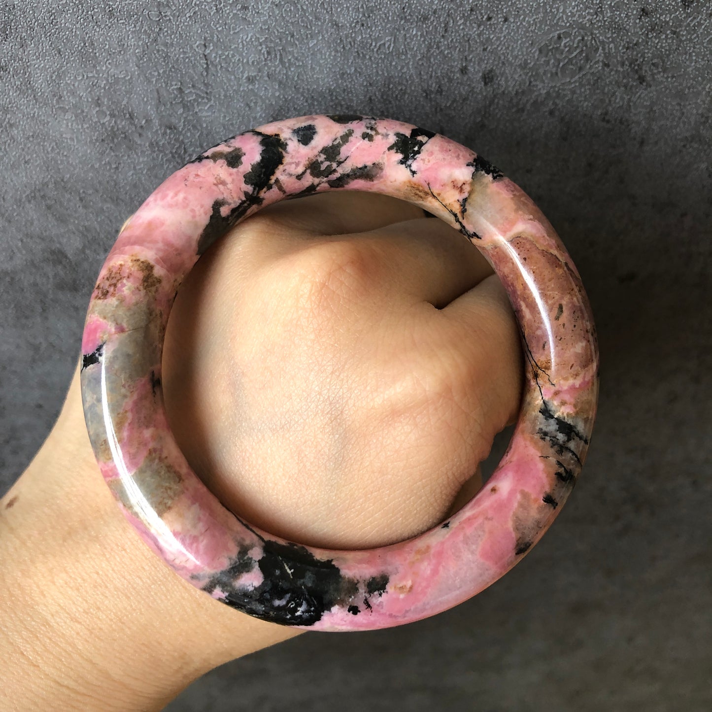 57mm Rhodonite Stone Bangle | Blue, Pink, Brownish Purple, Splashing Black Ink | Vintage Style Crystal Gemstone Bracelet | Healing Stone