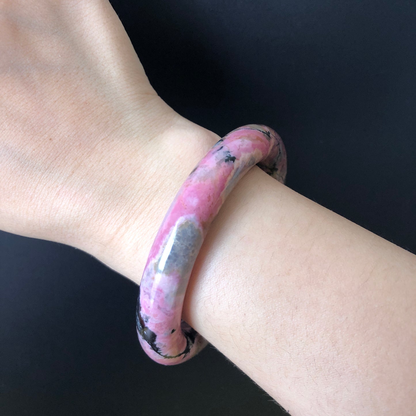 57mm Rhodonite Stone Bangle | Blue, Pink, Brownish Purple, Splashing Black Ink | Vintage Style Crystal Gemstone Bracelet | Healing Stone