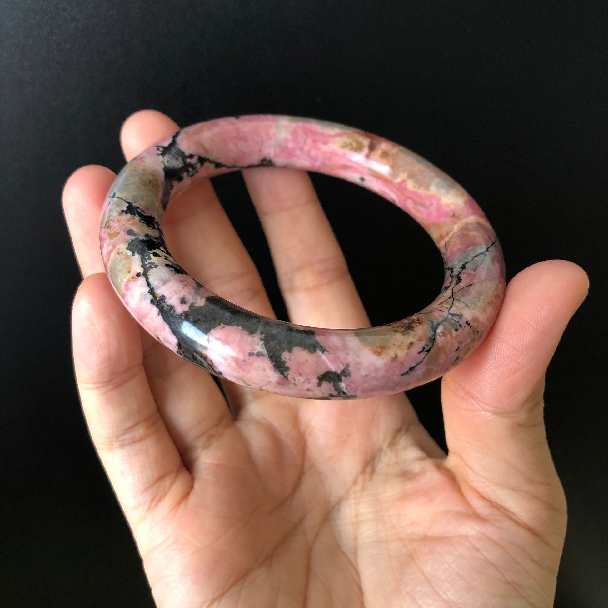 57mm Rhodonite Stone Bangle | Blue, Pink, Brownish Purple, Splashing Black Ink | Vintage Style Crystal Gemstone Bracelet | Healing Stone