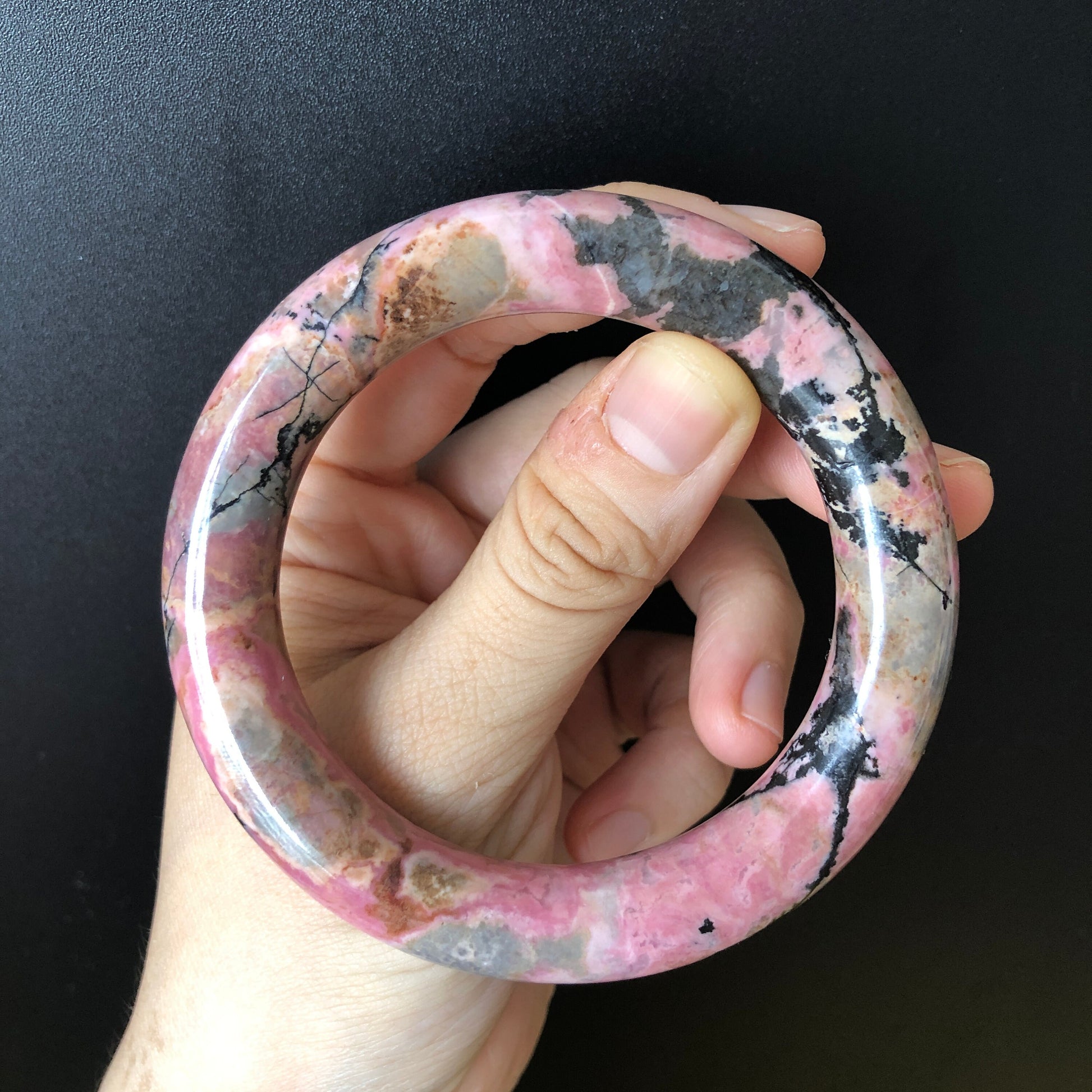 57mm Rhodonite Stone Bangle | Blue, Pink, Brownish Purple, Splashing Black Ink | Vintage Style Crystal Gemstone Bracelet | Healing Stone