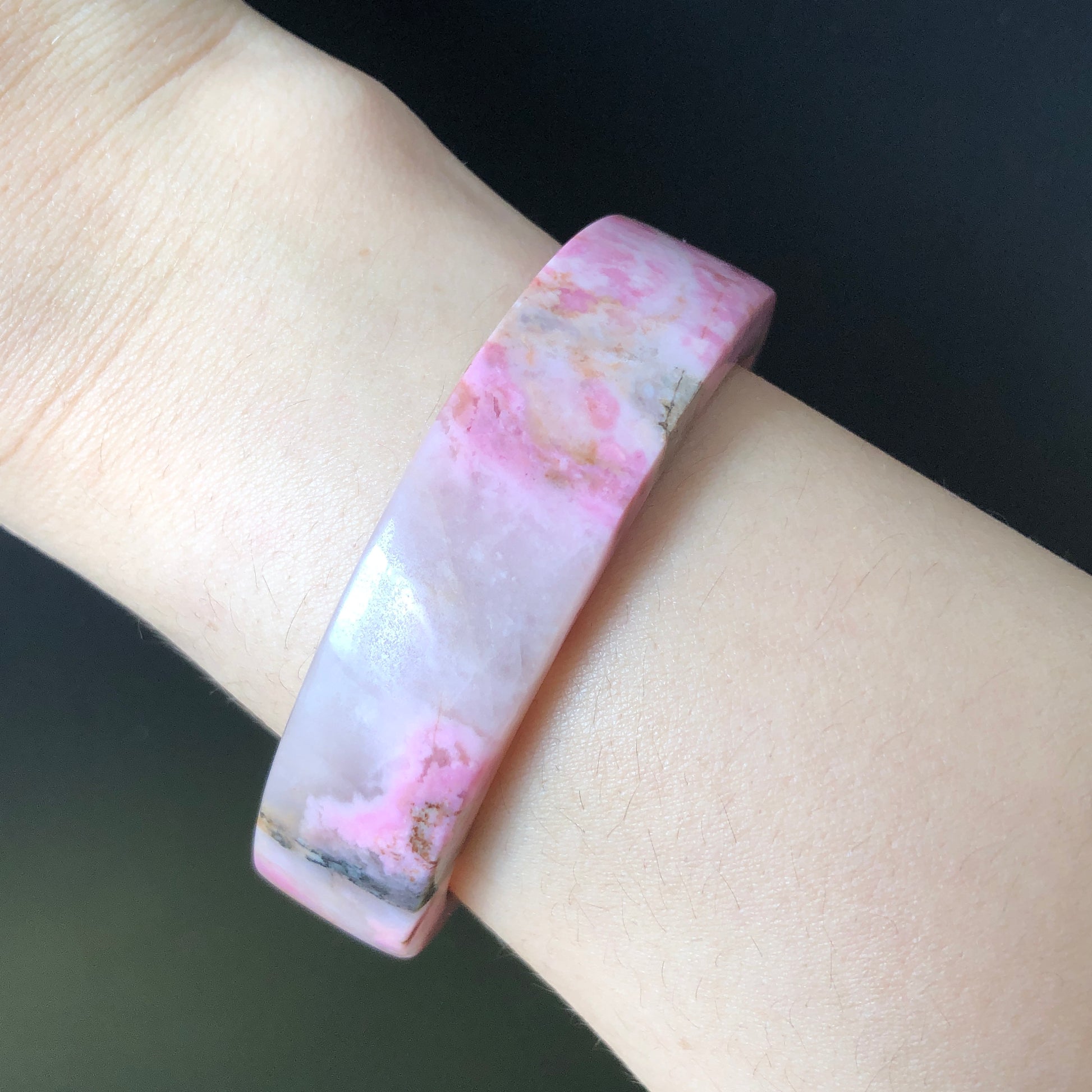 54.3mm Natural Pink Rhodonite Stone Bangle, Sea Wave at Dawn | Pink & Blue Crystal Bangle | Gemstone Bracelet Healing Stone Gift, pink raw stone bangle bracelet, Rosy Pink Stone, Wide Bangle for women, japanese style bangle, modern edgy bangle