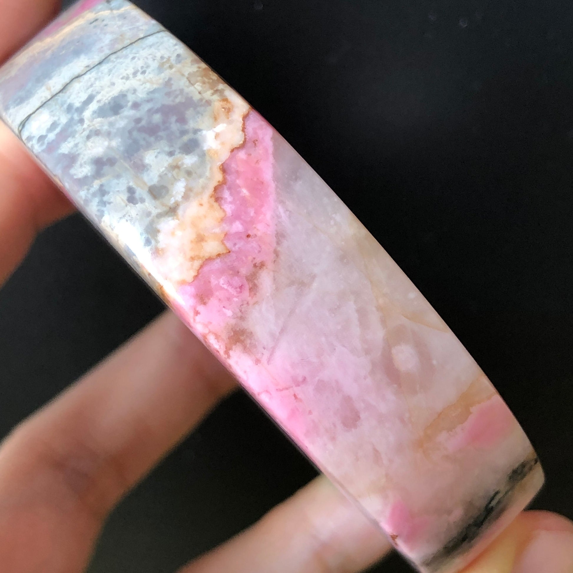 54.3mm Natural Pink Rhodonite Stone Bangle, Sea Wave at Dawn | Pink & Blue Crystal Bangle | Gemstone Bracelet Healing Stone Gift, pink raw stone bangle bracelet, Rosy Pink Stone, Wide Bangle for women, japanese style bangle, modern edgy bangle