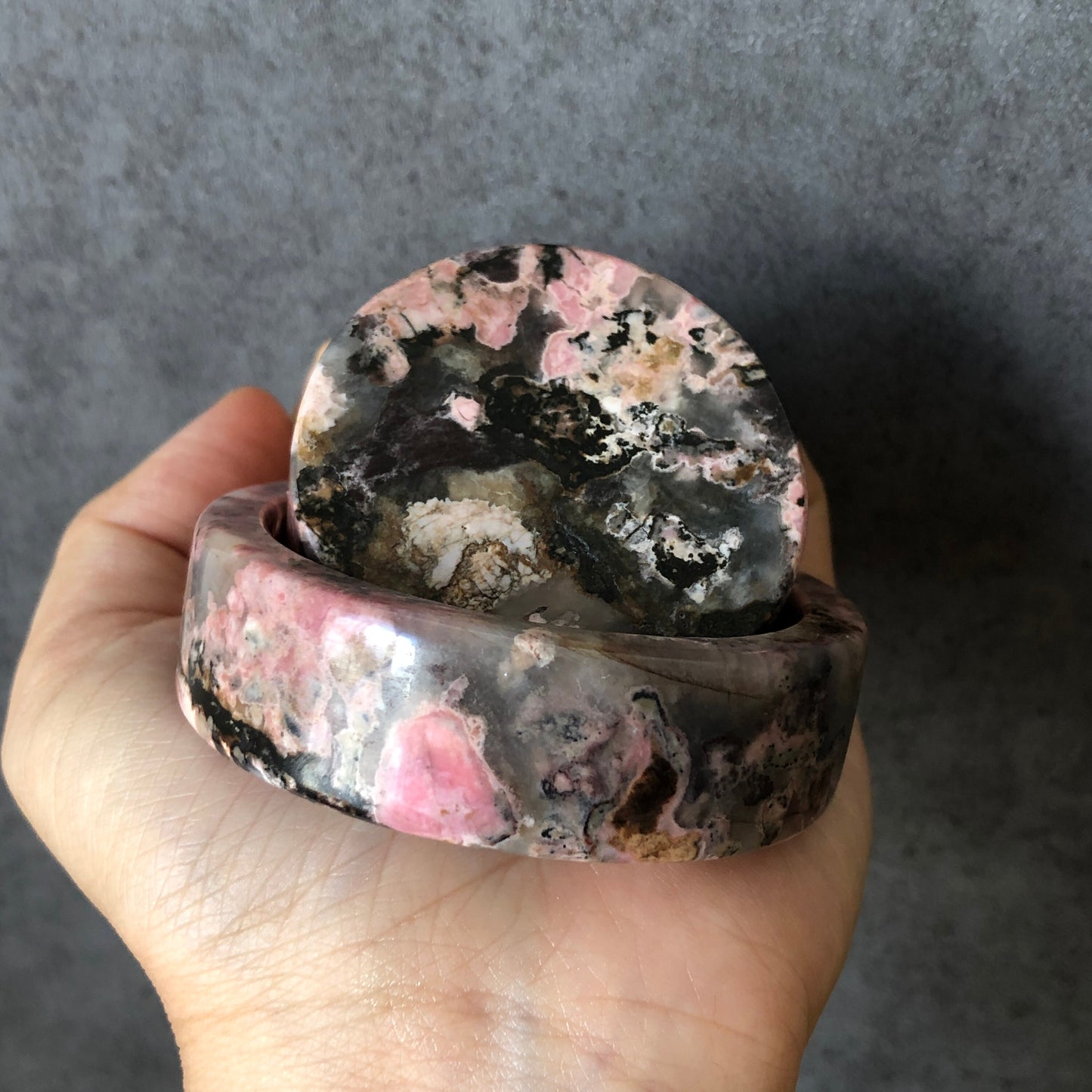 52.3mm Natural Rhodonite Bangle Bracelet Set with Raw Stone Paperweight | Lovers in the Plum Blossom | Crystal Gemstone Bangle | Raw Stone Bracelet, Rhodonite Bracelet, Poetic Scenery bangle, rock bangle, raw gemstone bracelet, gift for lovers