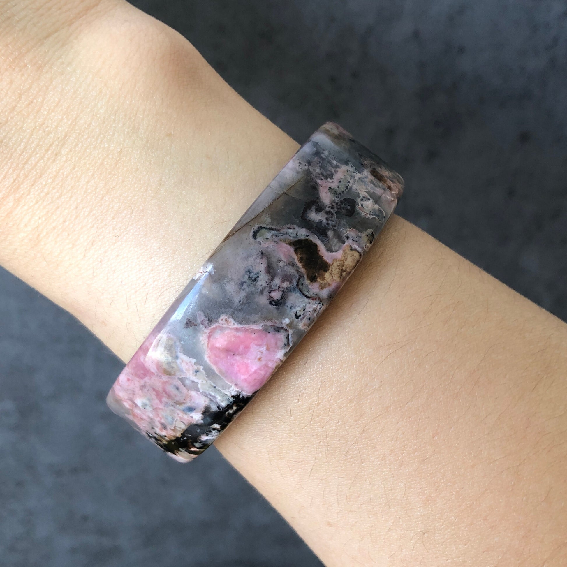 52.3mm Natural Rhodonite Bangle Bracelet Set with Raw Stone Paperweight | Lovers in the Plum Blossom | Crystal Gemstone Bangle | Raw Stone Bracelet, Rhodonite Bracelet, Poetic Scenery bangle, rock bangle, raw gemstone bracelet, gift for lovers