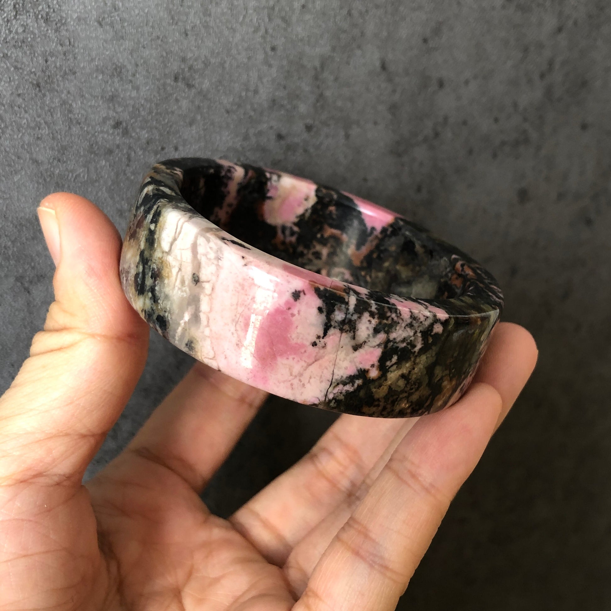 53.4mm High quality Natural Rhodonite Stone Bangle Bracelet Set & Raw Stone Paper Weight | Pink, Green, Black Ink | Crystal Gemstone Bangle