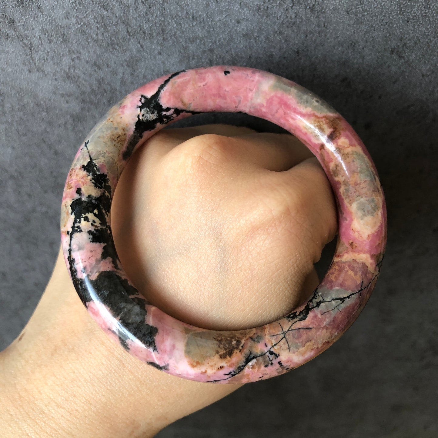 57mm Rhodonite Stone Bangle | Blue, Pink, Brownish Purple, Splashing Black Ink | Vintage Style Crystal Gemstone Bracelet | Healing Stone