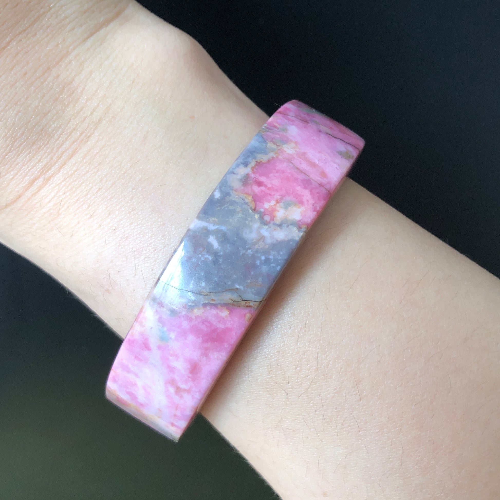 54.3mm Natural Pink Rhodonite Stone Bangle, Sea Wave at Dawn | Pink & Blue Crystal Bangle | Gemstone Bracelet Healing Stone Gift, pink raw stone bangle bracelet, Rosy Pink Stone, Wide Bangle for women, japanese style bangle, modern edgy bangle