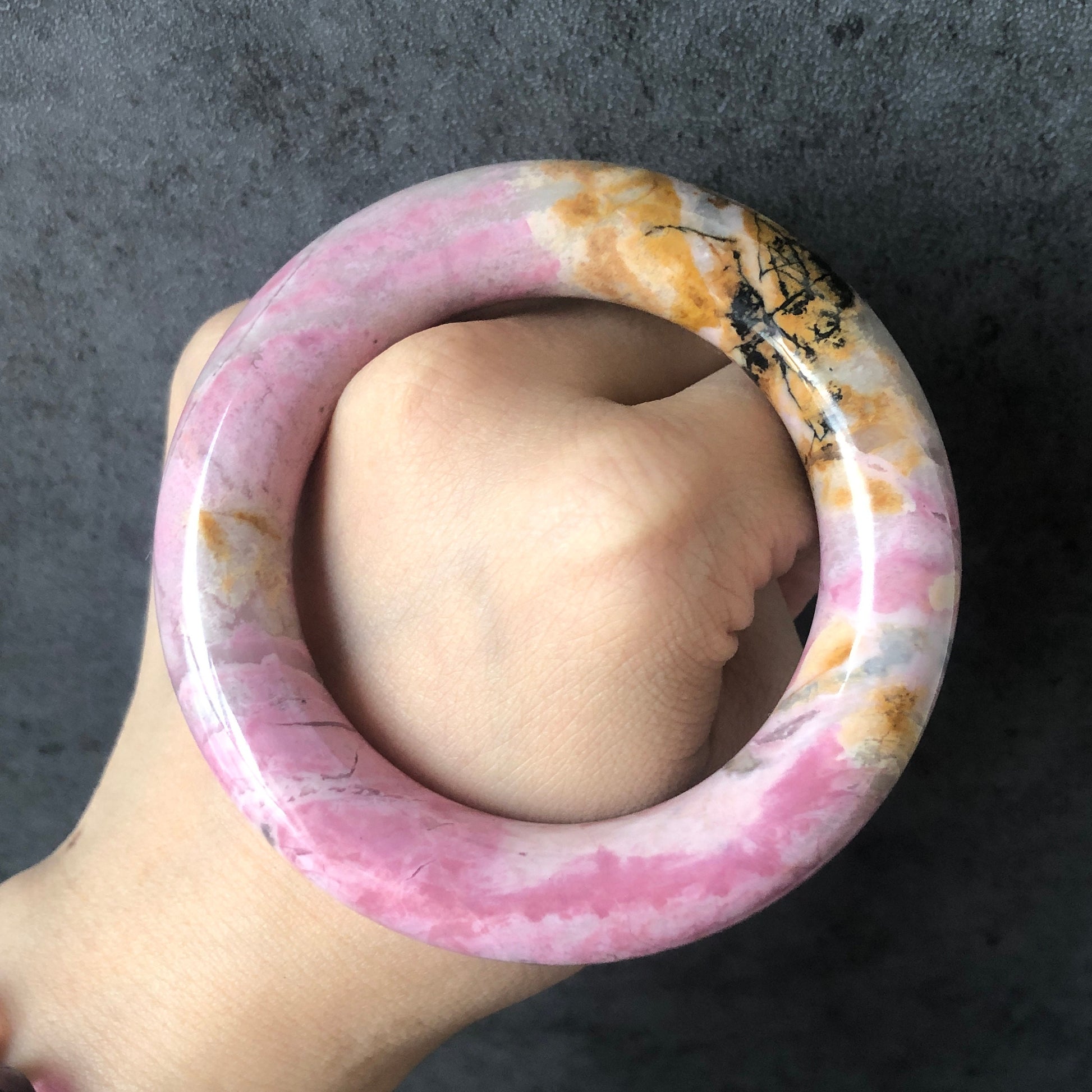 51.7mm Natural Rhodonite Stone Bangle Bracelet | Autumn Leaves | Baby Pink & Gold | Real Crystal Gemstone Rock Bangle | Healing Stone Gift