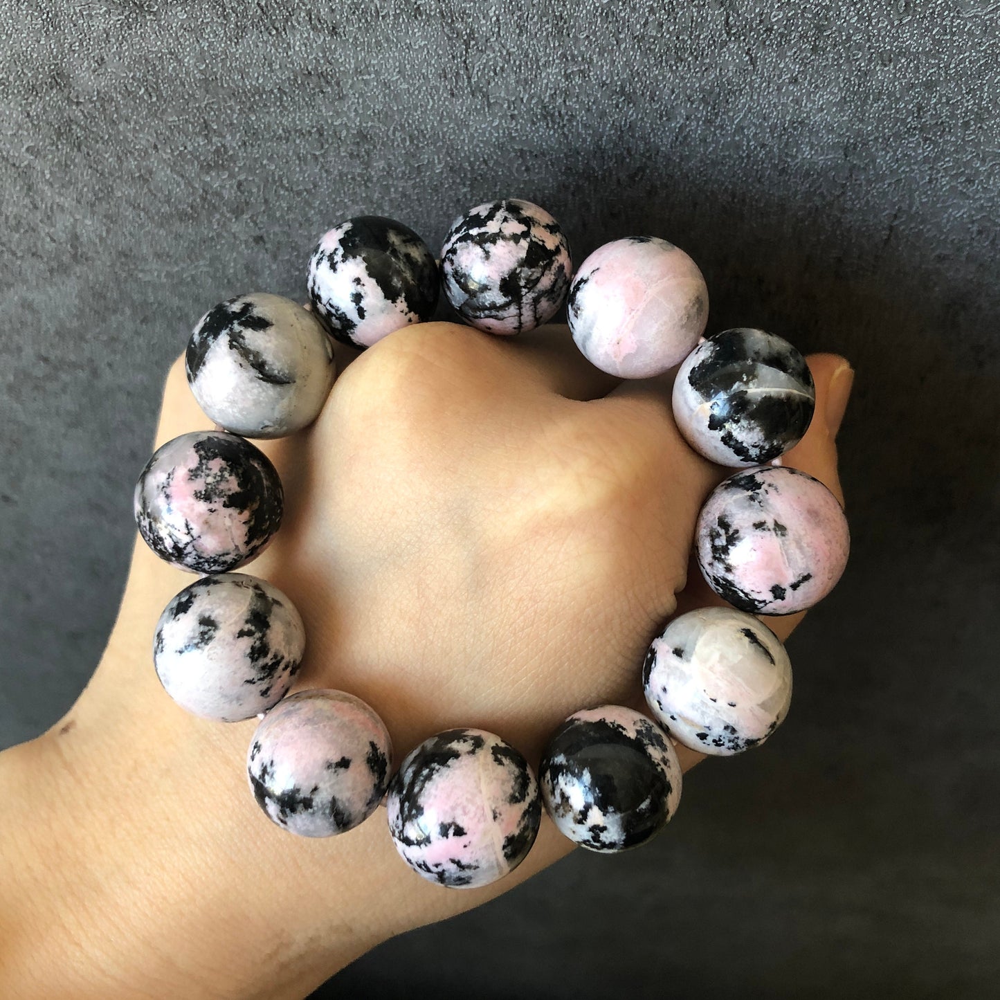 Natural Rhodonite Bracelet | Pink with Splashing Black Ink | Icy Milky Pink | Big Bead Bracelet | Raw Pink Healing Stone Crystal Bracelet