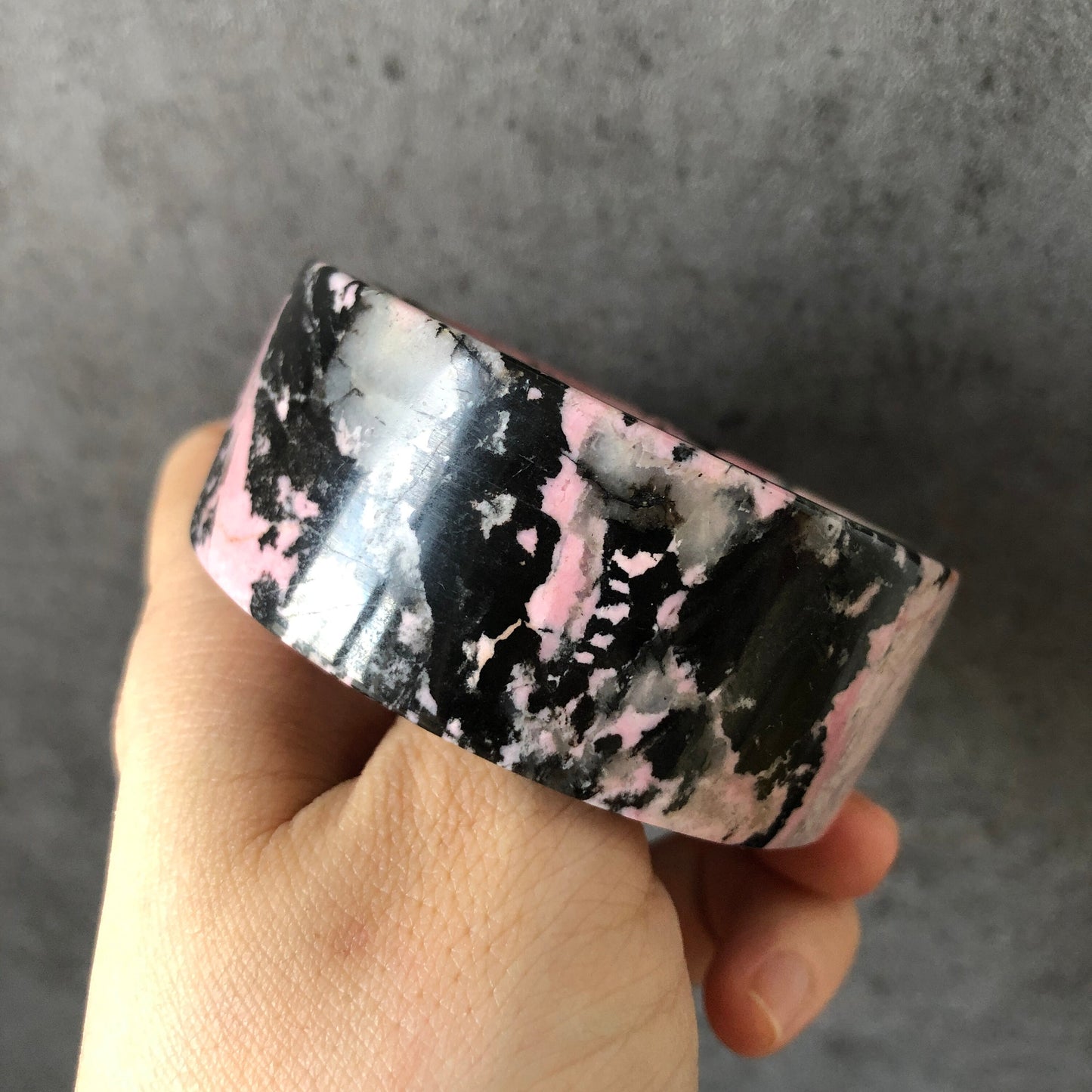 52.6mm High quality Natural Rhodonite Bangle Bracelet | Pink Granules with Black Ink | Icy and Translucent | Cool & Sweet | Crystal Bangle