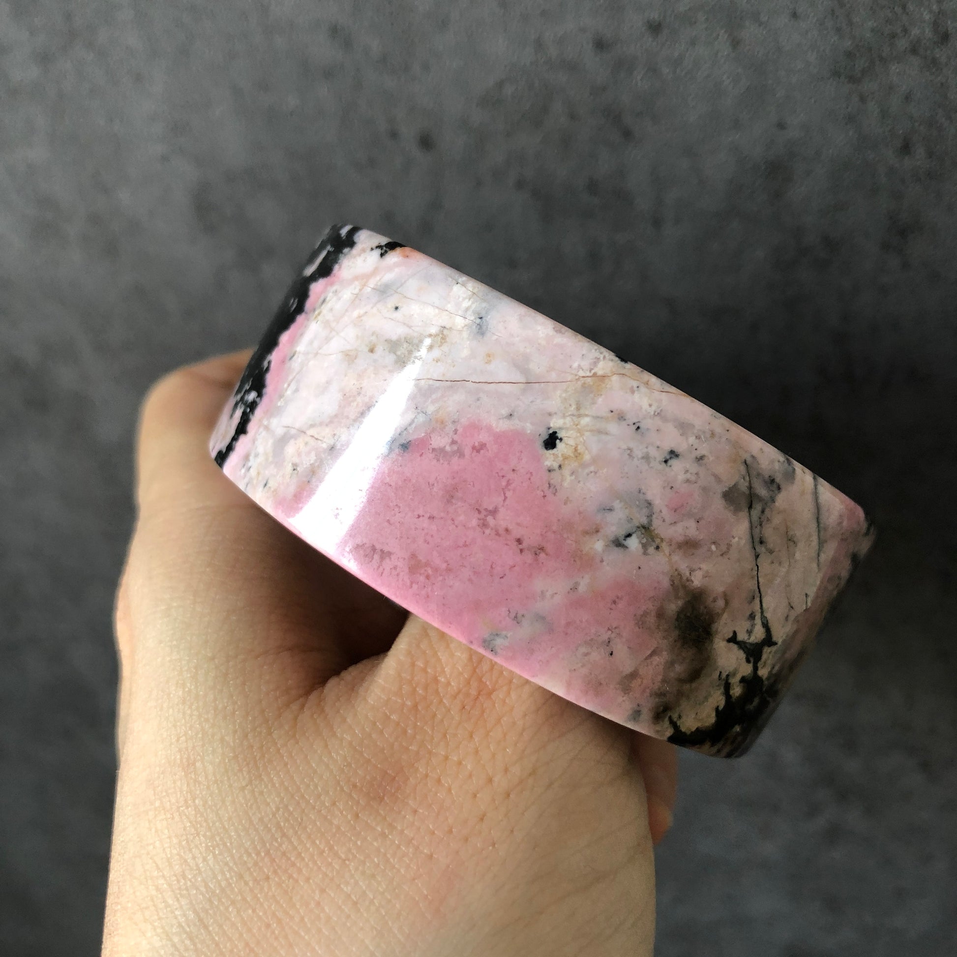 52.6mm High quality Natural Rhodonite Bangle Bracelet | Pink Granules with Black Ink | Icy and Translucent | Cool & Sweet | Crystal Bangle