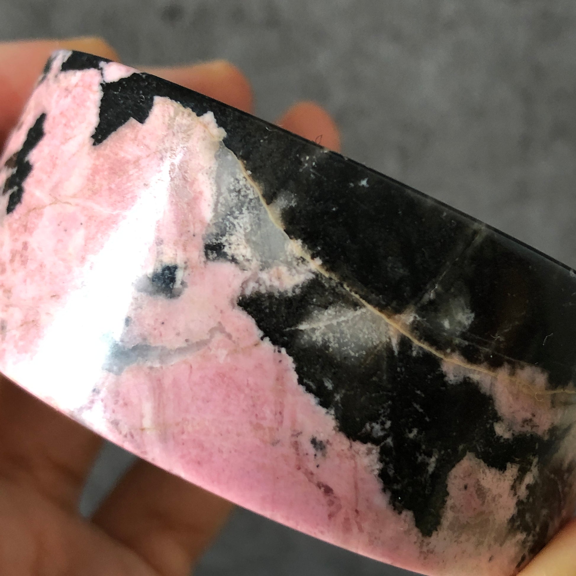 52.6mm High quality Natural Rhodonite Bangle Bracelet | Pink Granules with Black Ink | Icy and Translucent | Cool & Sweet | Crystal Bangle