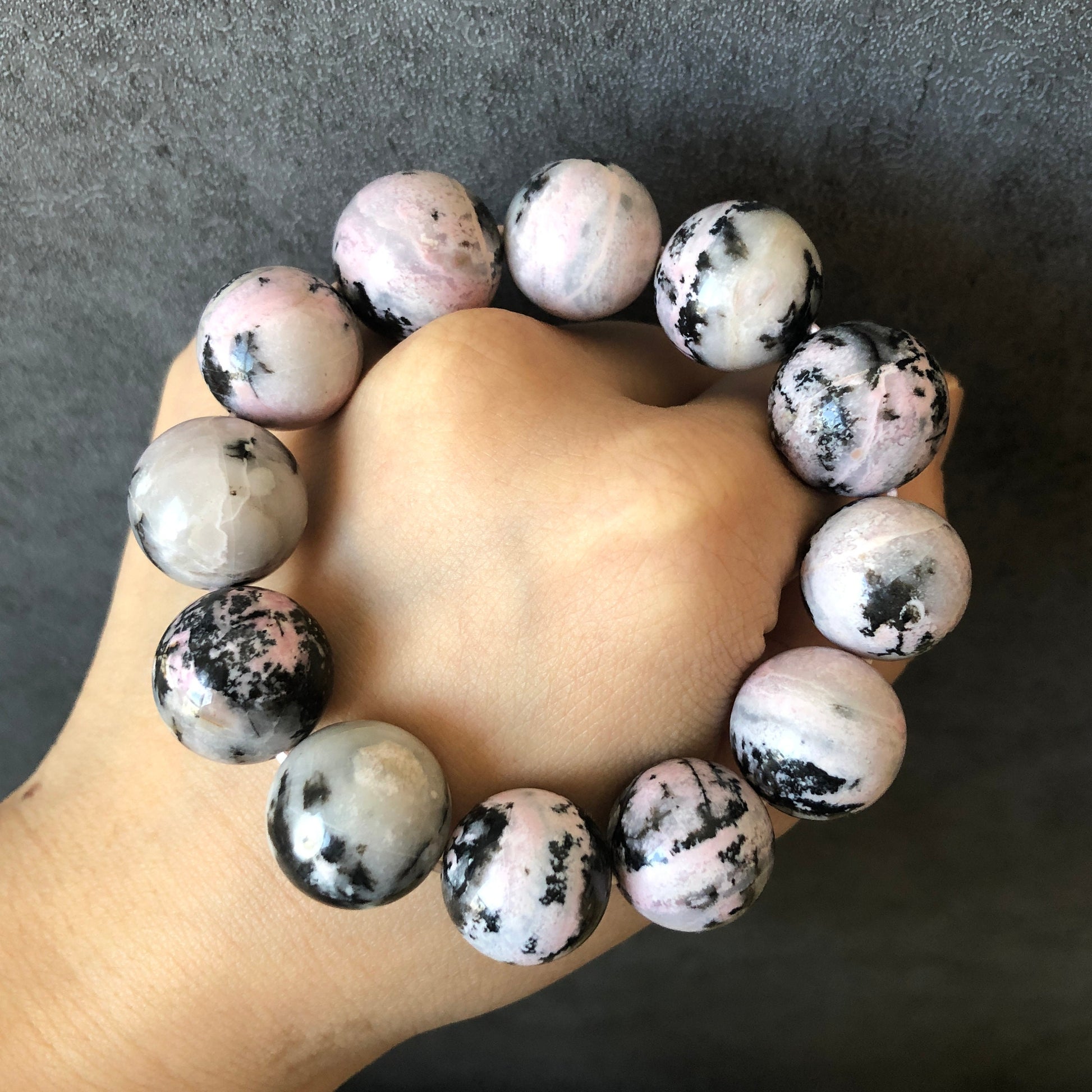 Natural Rhodonite Bracelet | Pink with Splashing Black Ink | Icy Milky Pink | Big Bead Bracelet | Raw Pink Healing Stone Crystal Bracelet